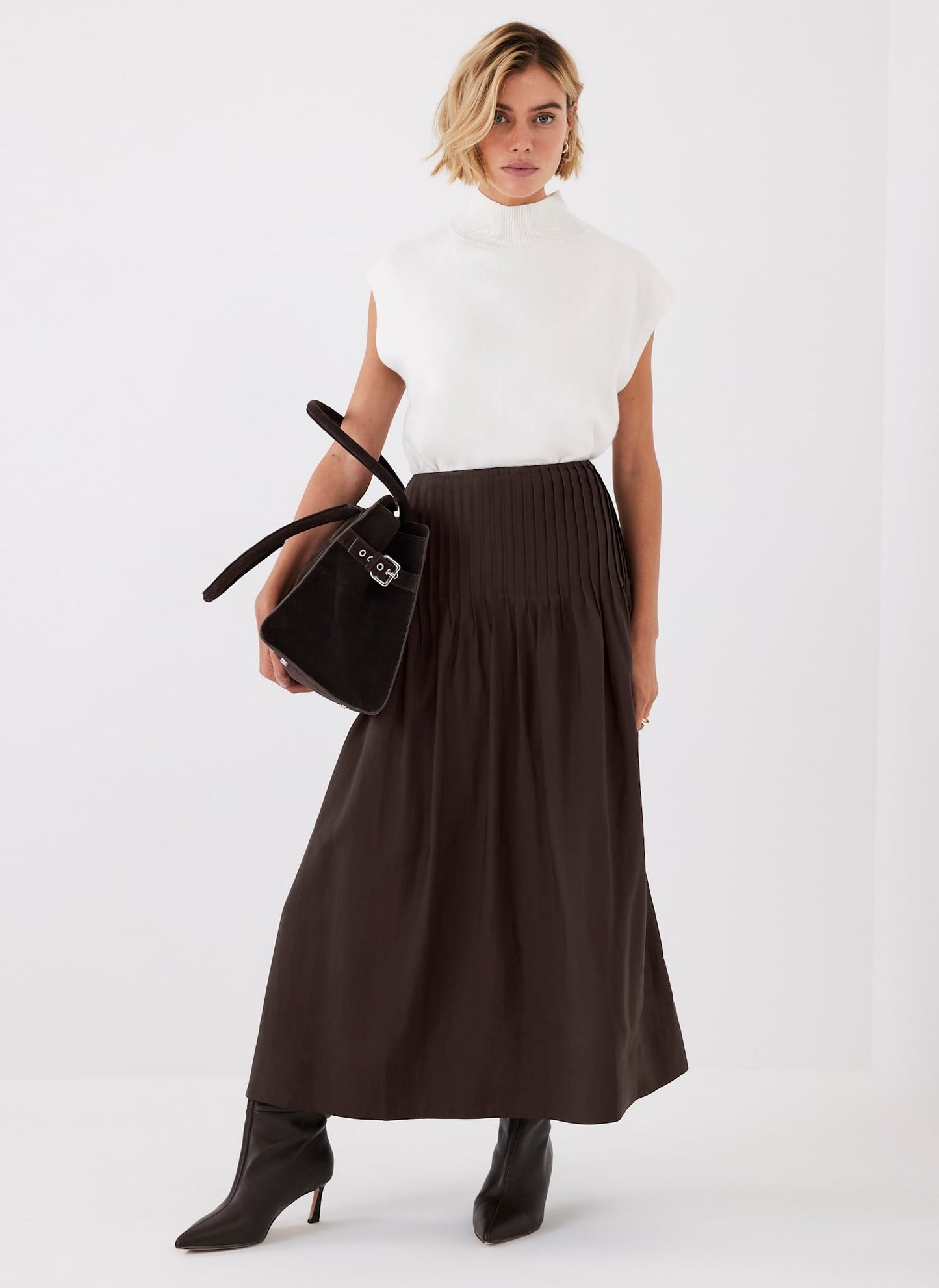 Brown Pintuck Maxi Skirt