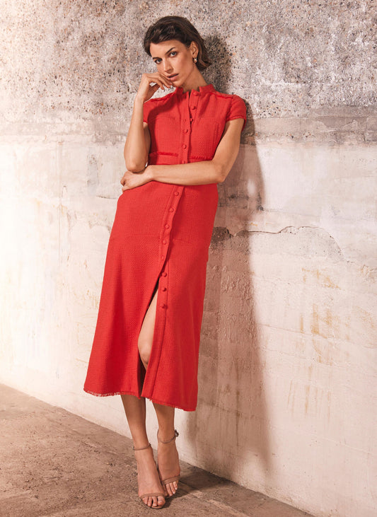 Red Boucle Midi Dress
