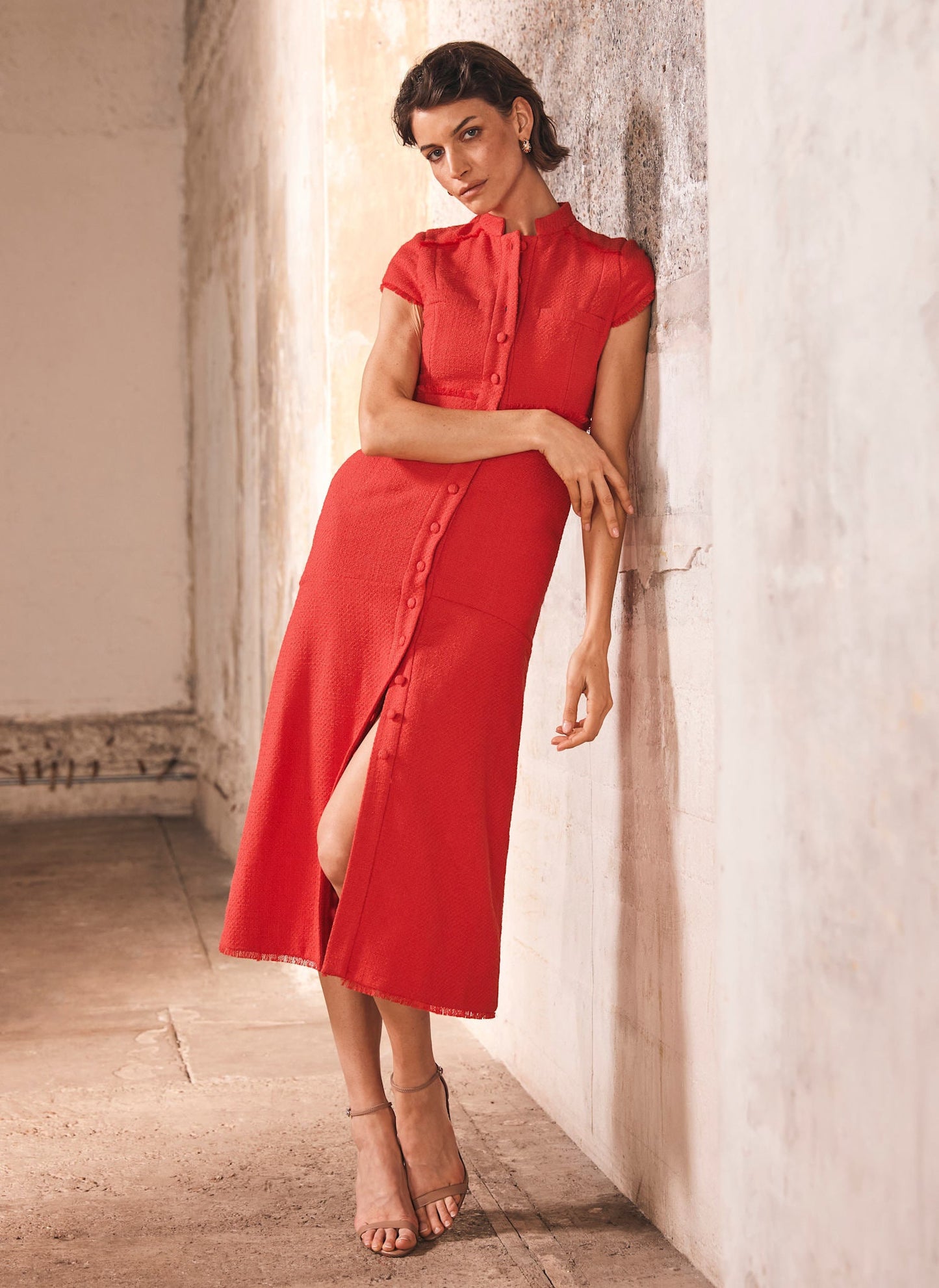 Red Boucle Midi Dress