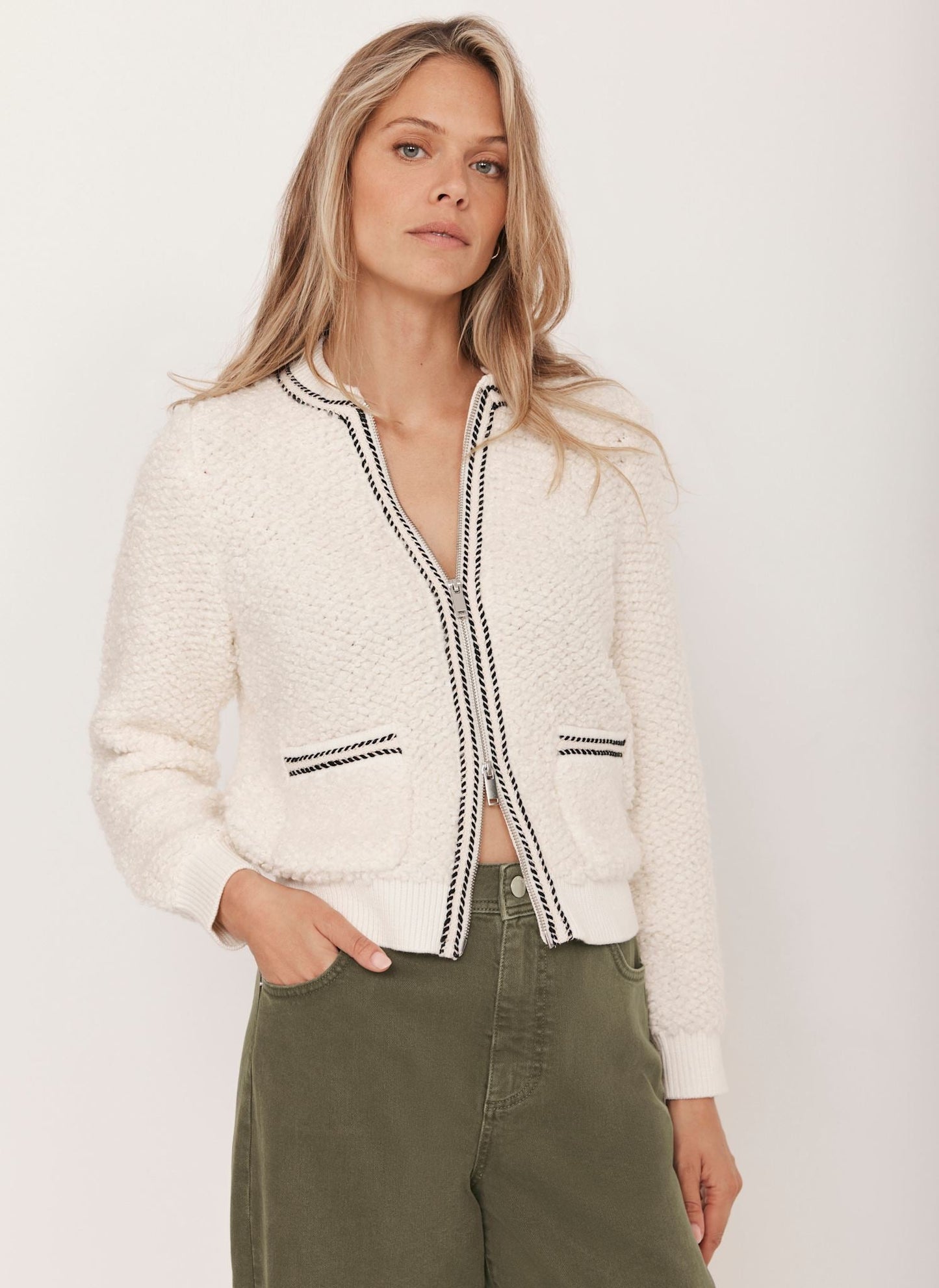 Cream Boucle Bomber Jacket