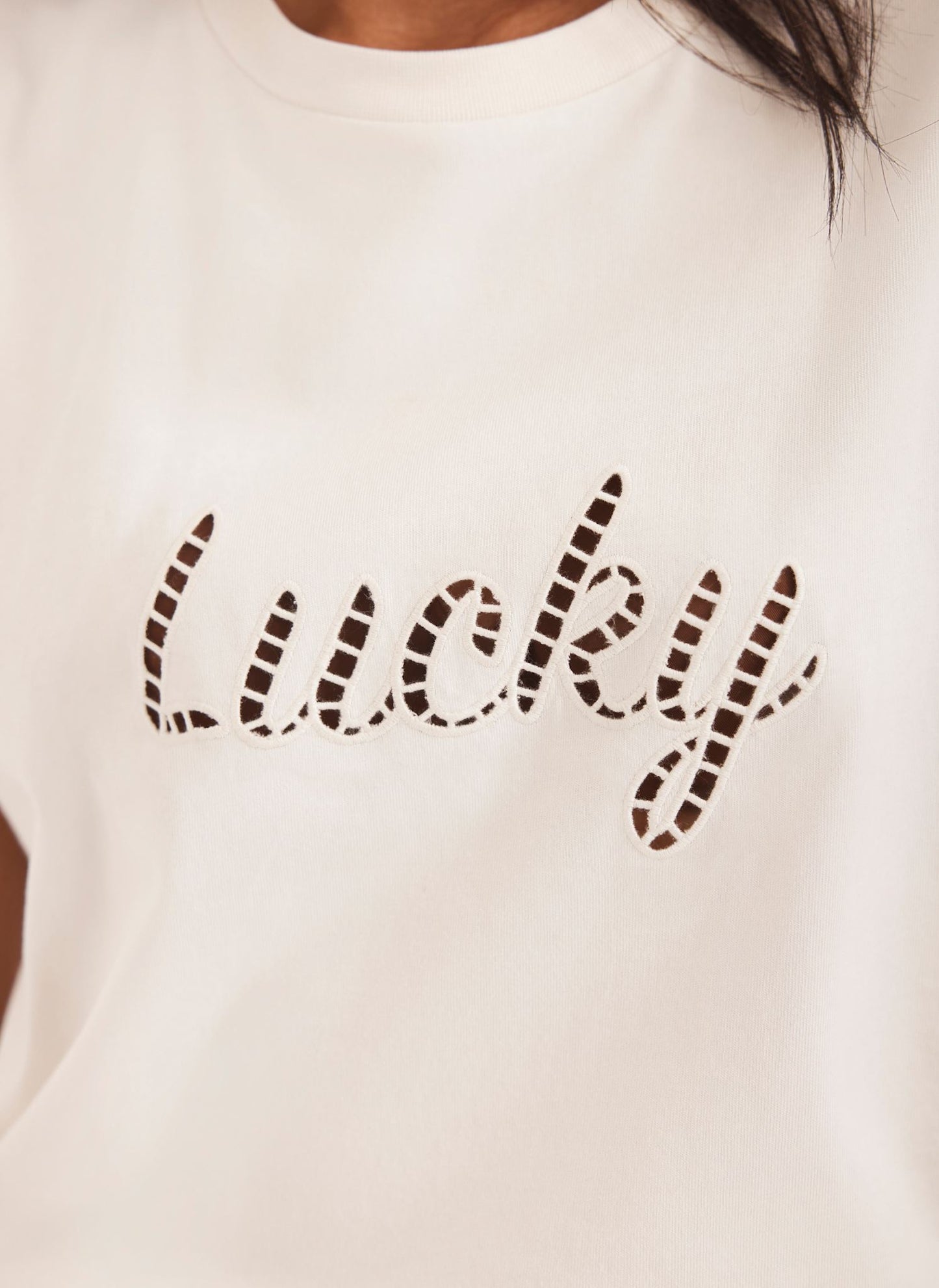 Cream Cotton Cut Out Lucky T-Shirt