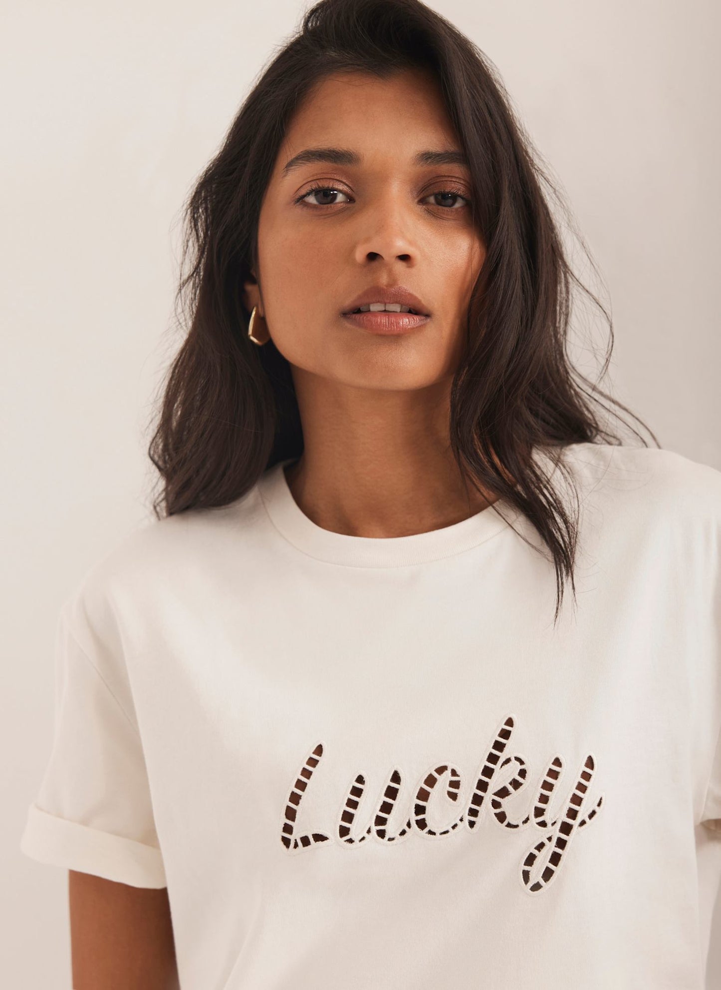 Cream Cotton Cut Out Lucky T-Shirt