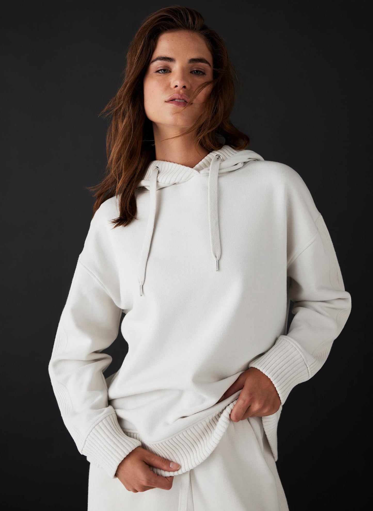 Cream Cotton Blend Hooded Sweatshirt