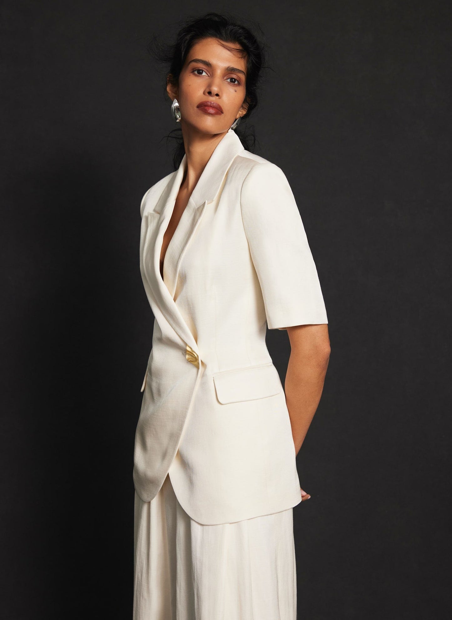 Cream Short Sleeve Longline Blazer
