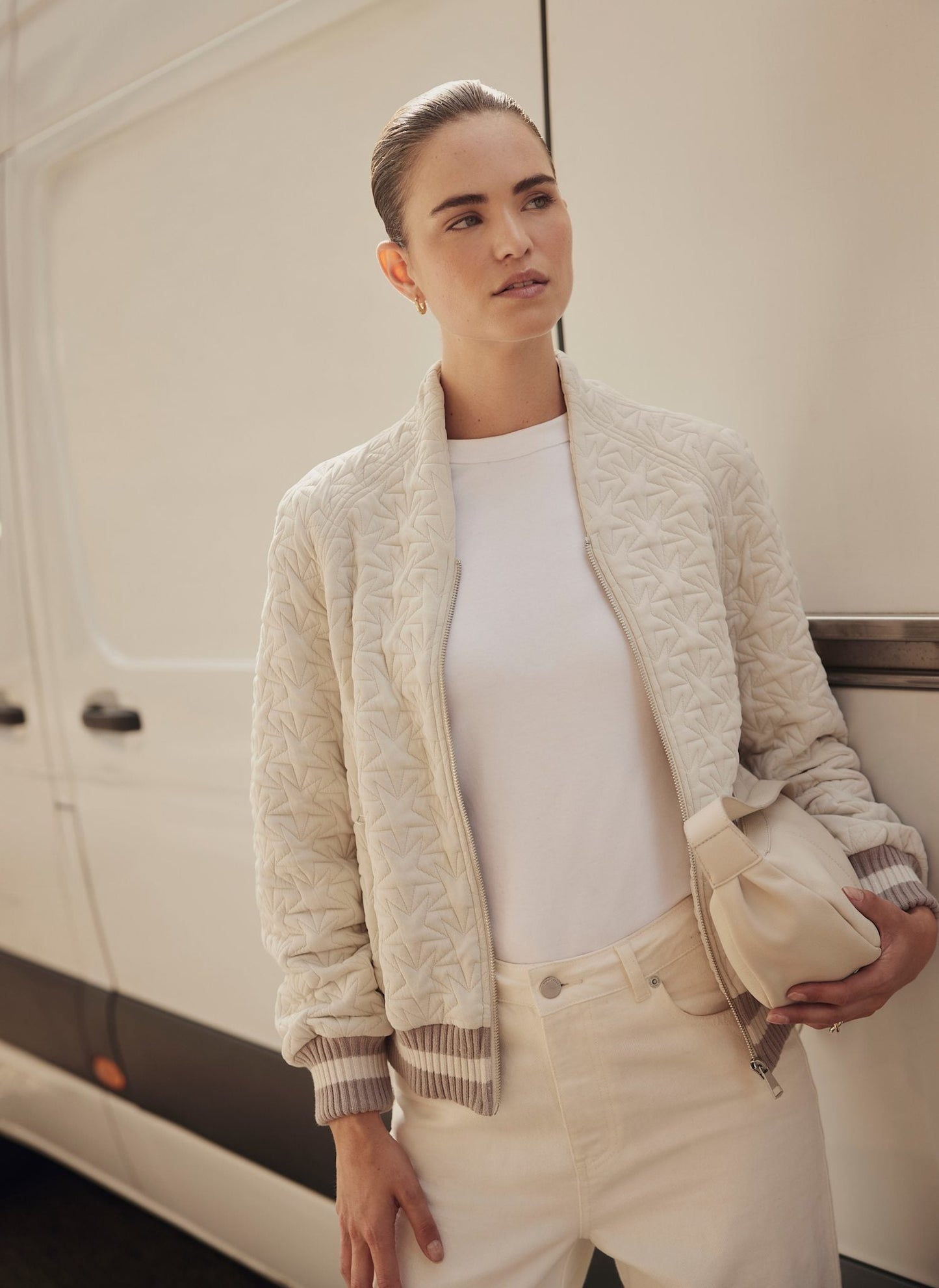Cream Star Quilted Bomber Jacket
