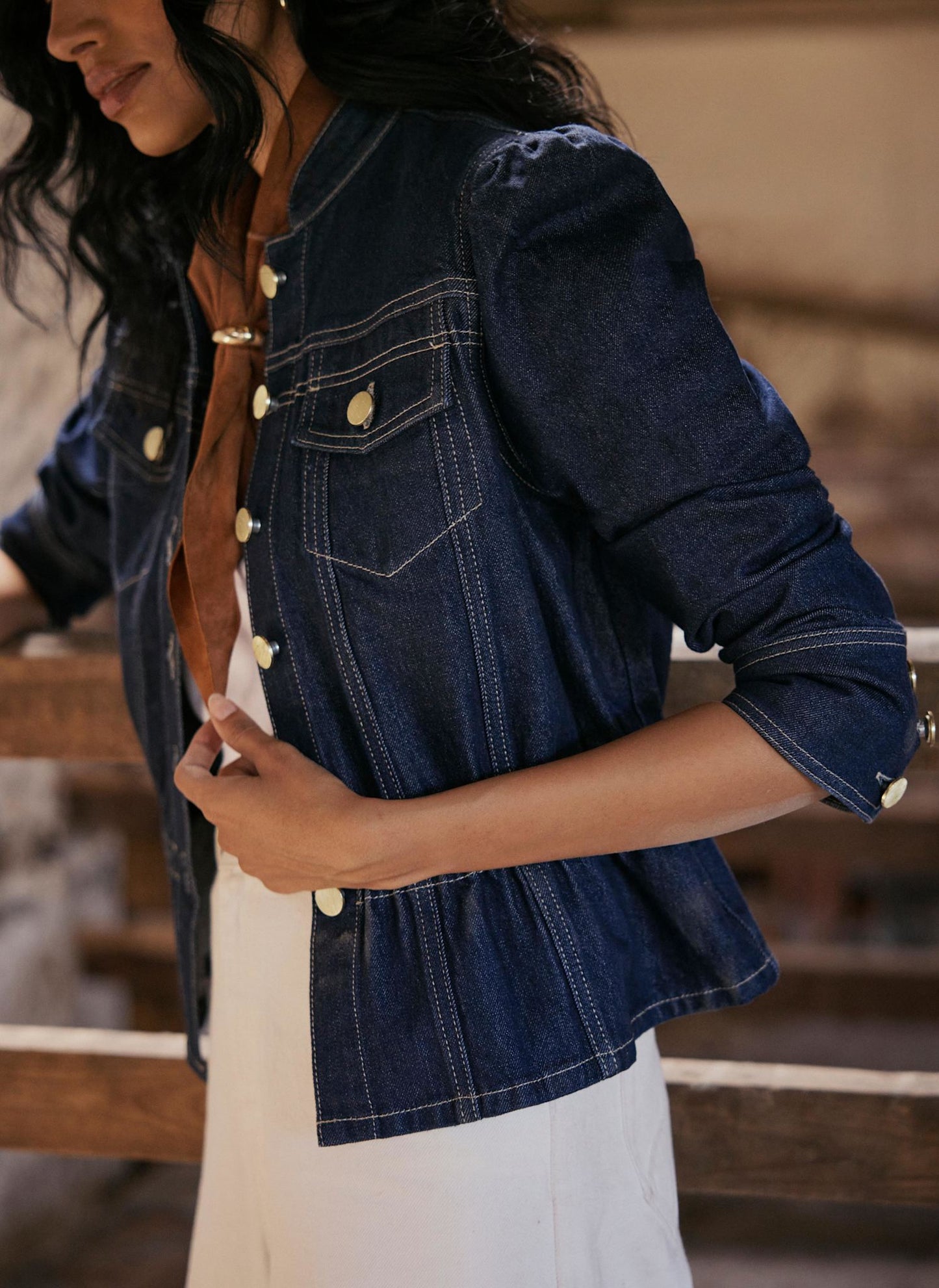 Dark Indigo Puff Sleeve Denim Jacket