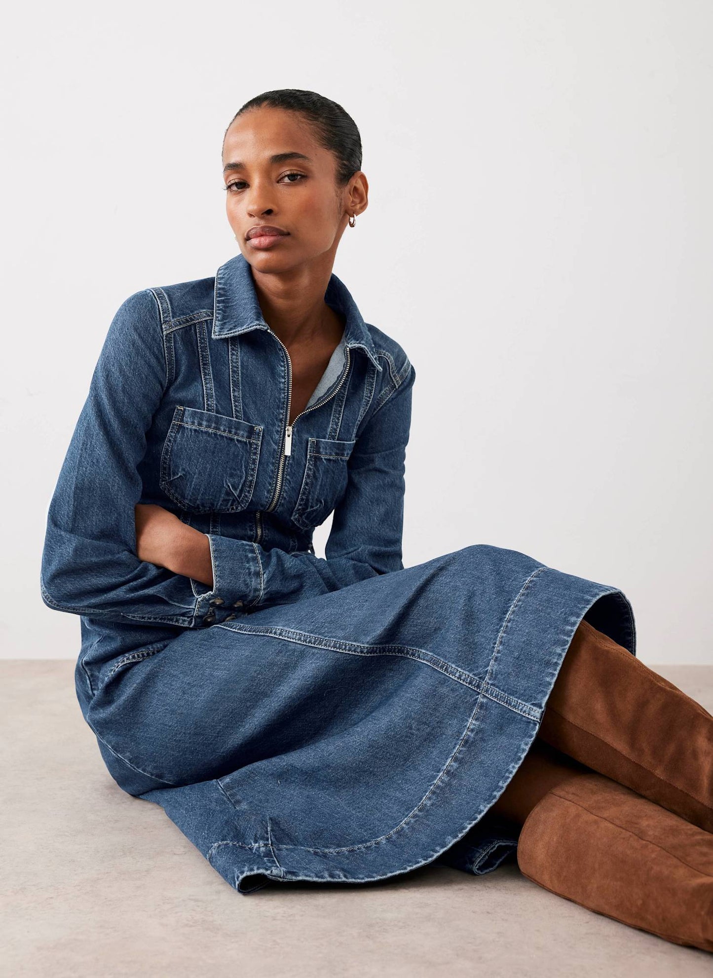 Indigo Denim Belted Midi Shirt Dress
