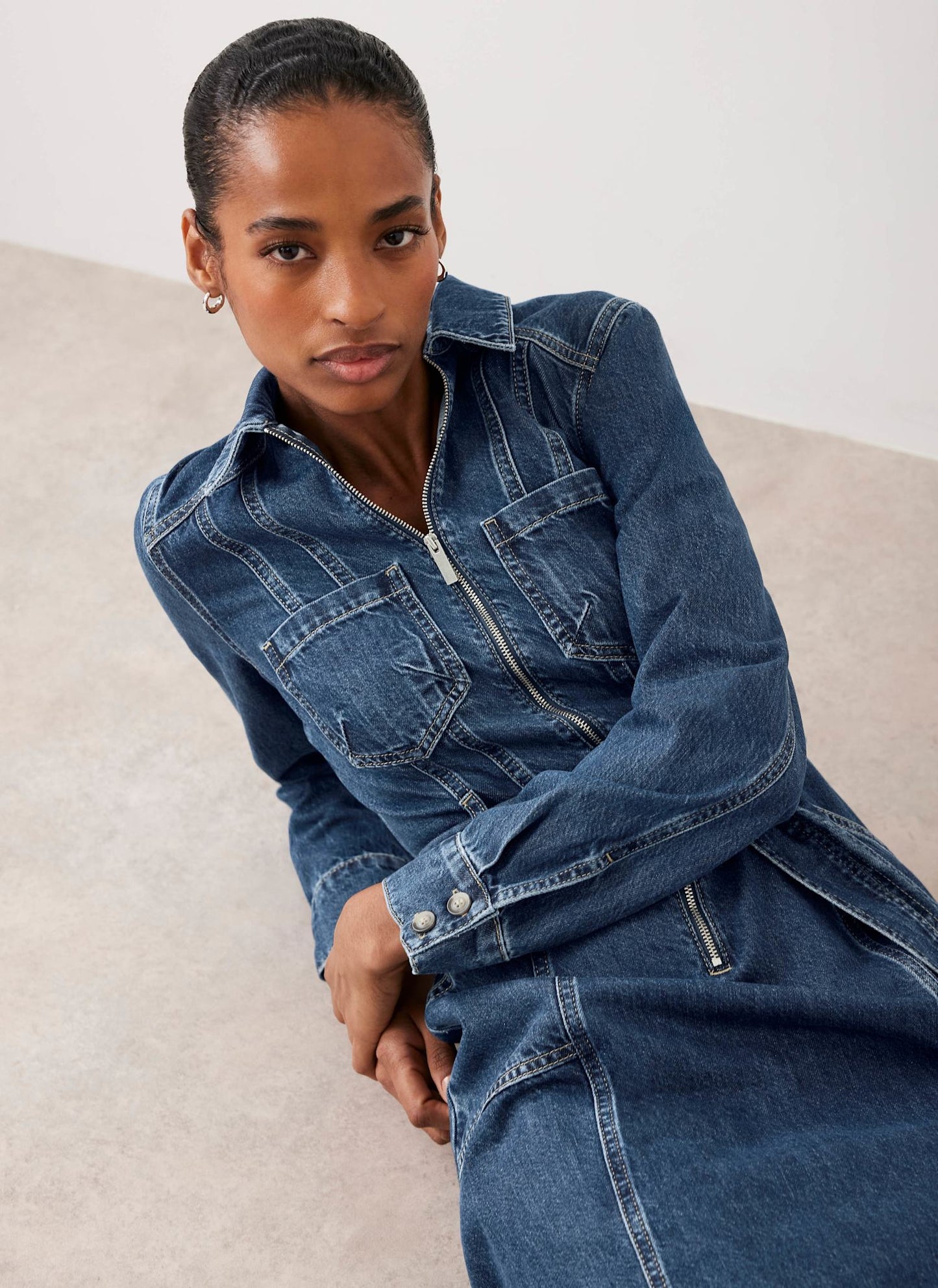 Indigo Denim Belted Midi Shirt Dress