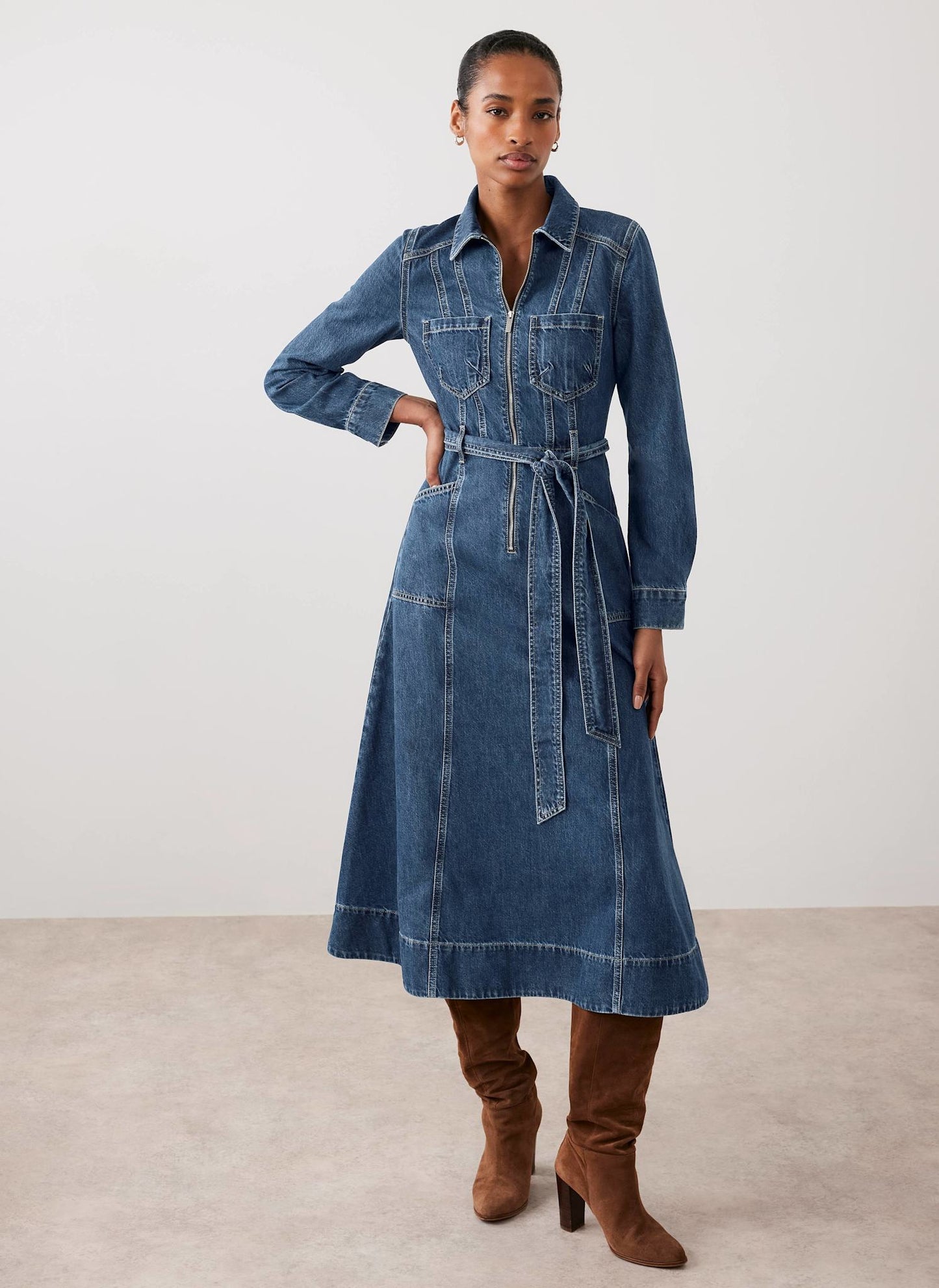 Indigo Denim Belted Midi Shirt Dress