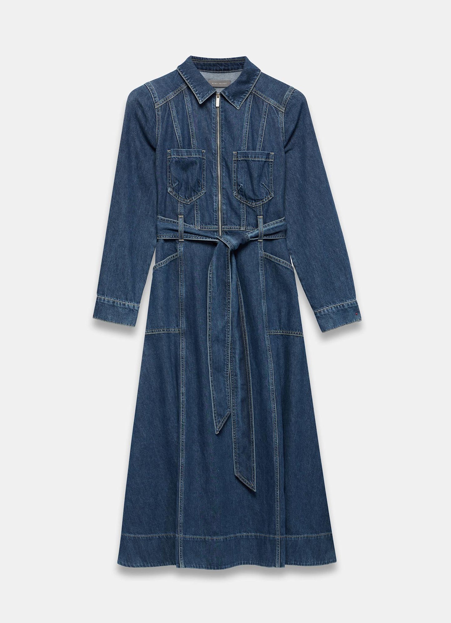Indigo Denim Belted Midi Shirt Dress