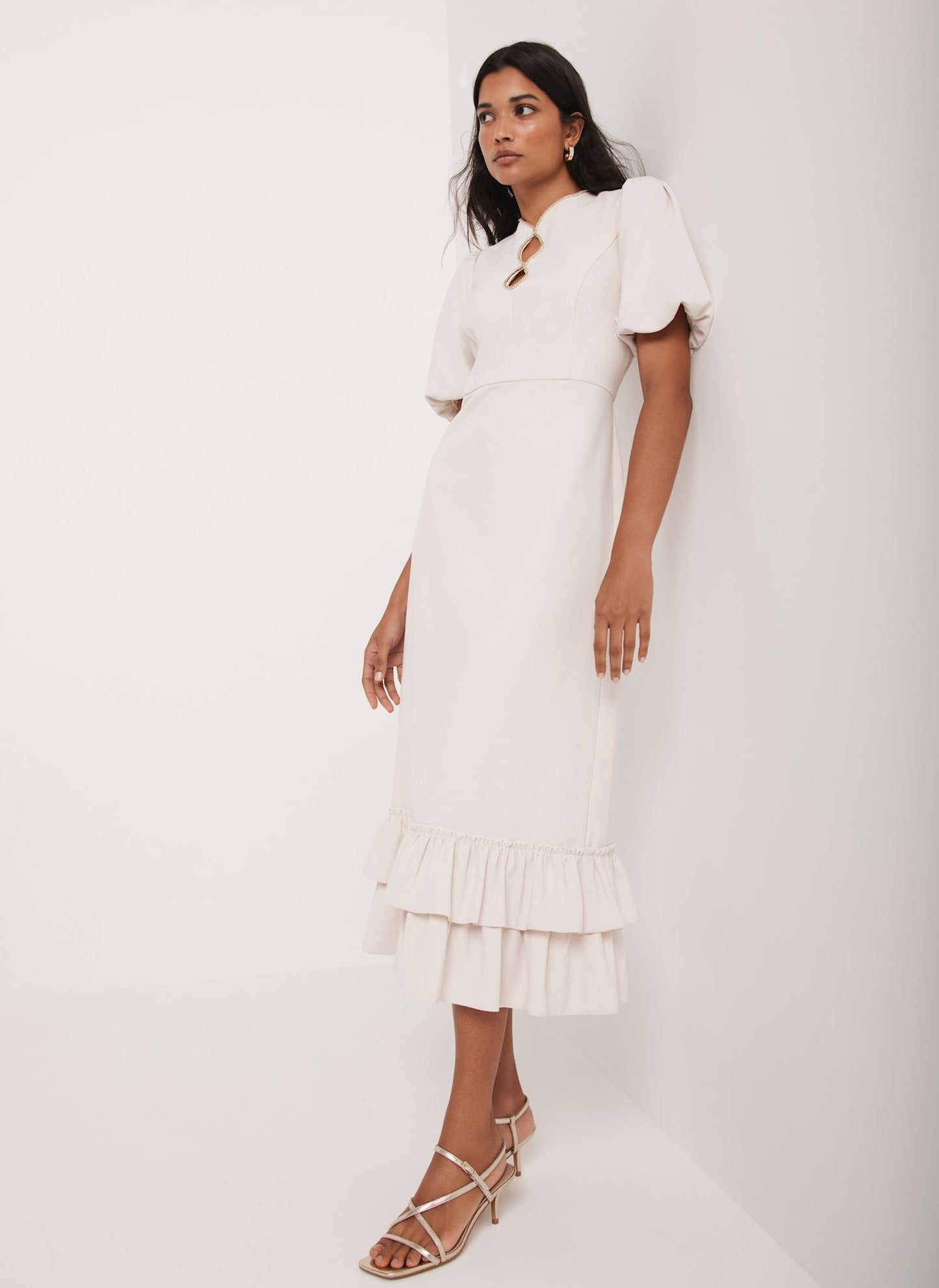 Cream Diamante Trim Midi Dress