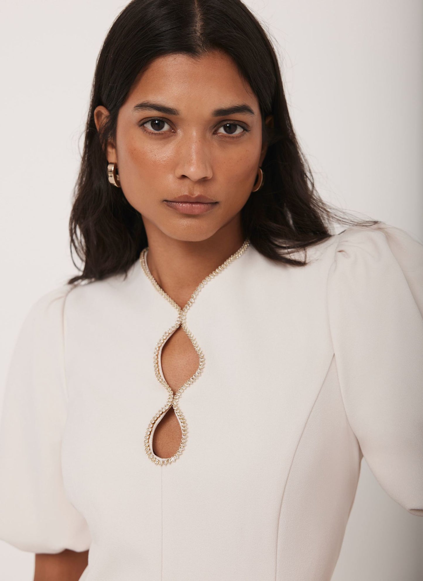 Cream Diamante Trim Midi Dress