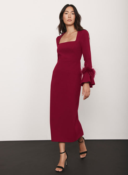 Red Feather Trim Midi Dress