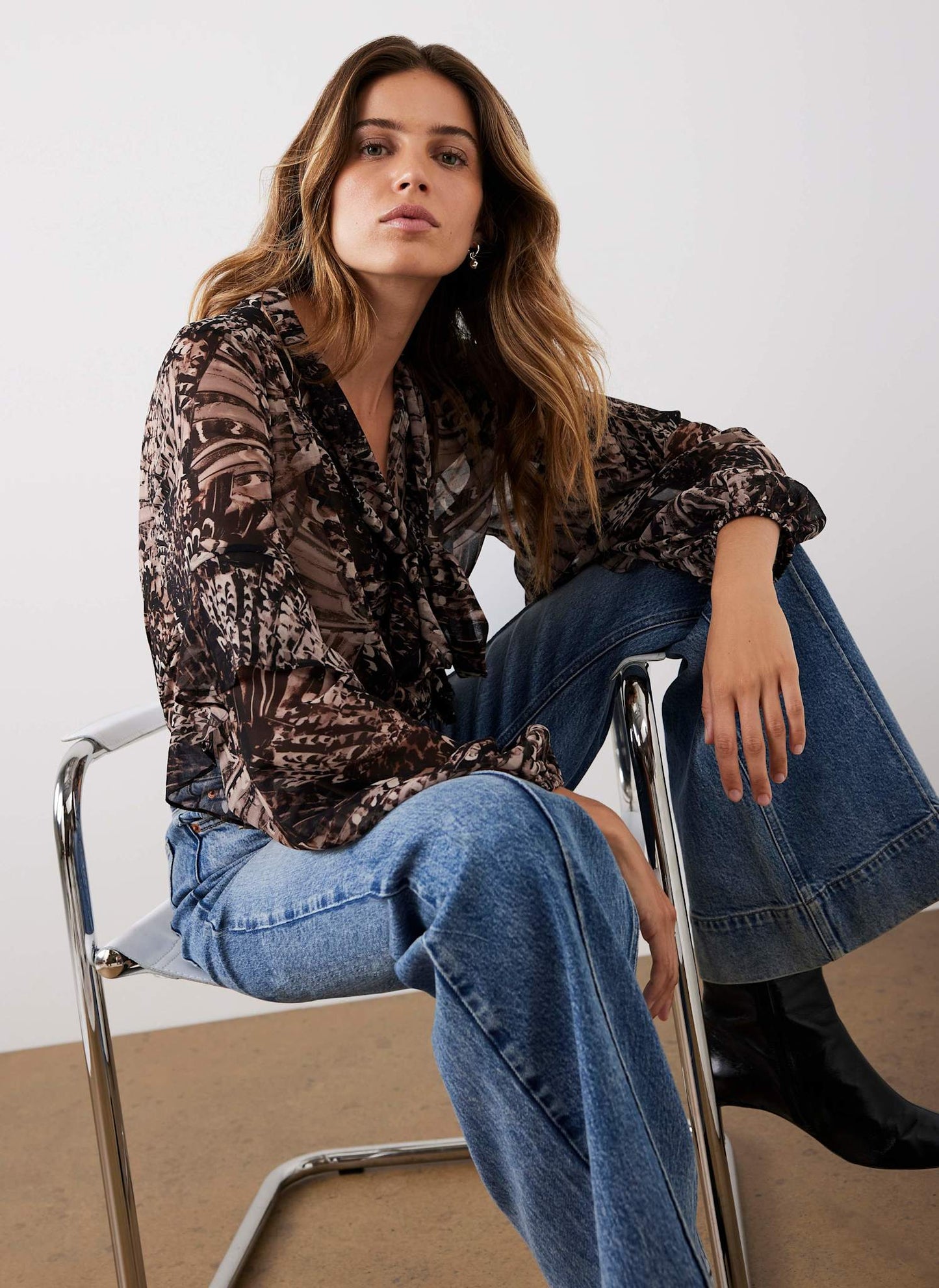 Brown Feather Print Blouse