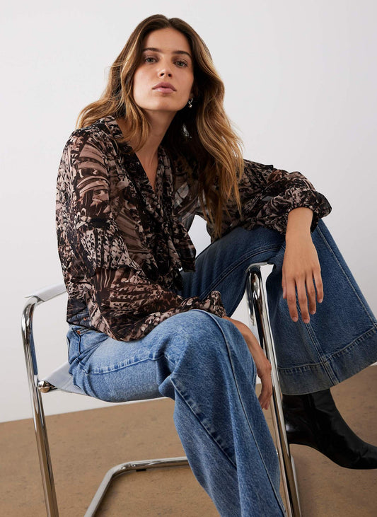 Brown Feather Print Blouse