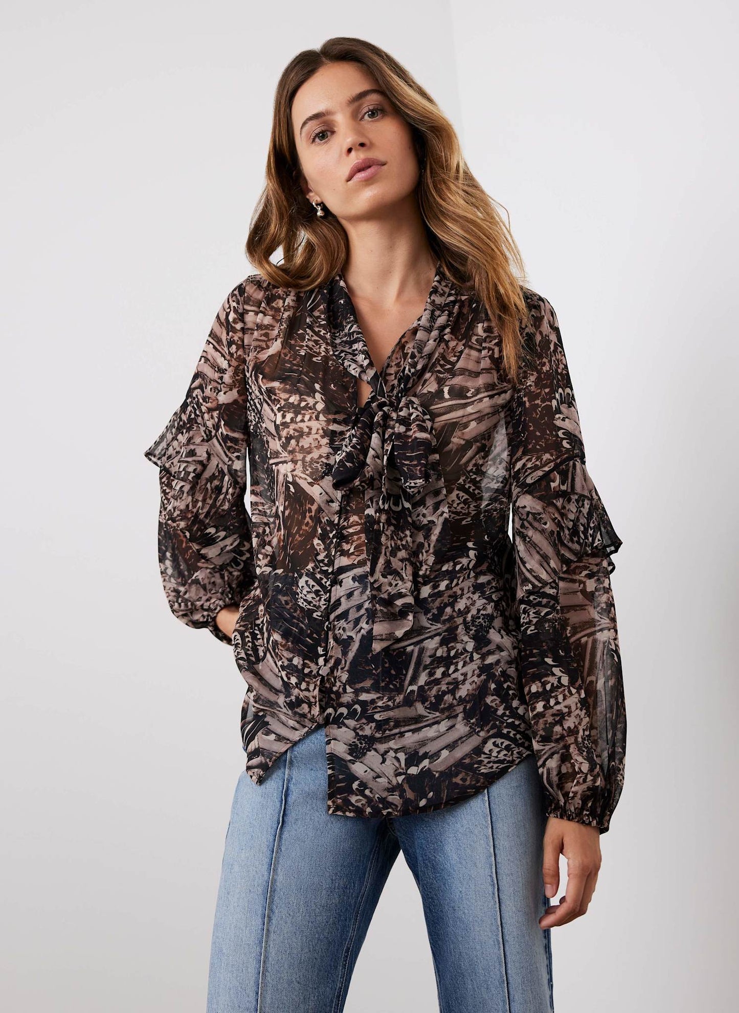 Brown Feather Print Blouse