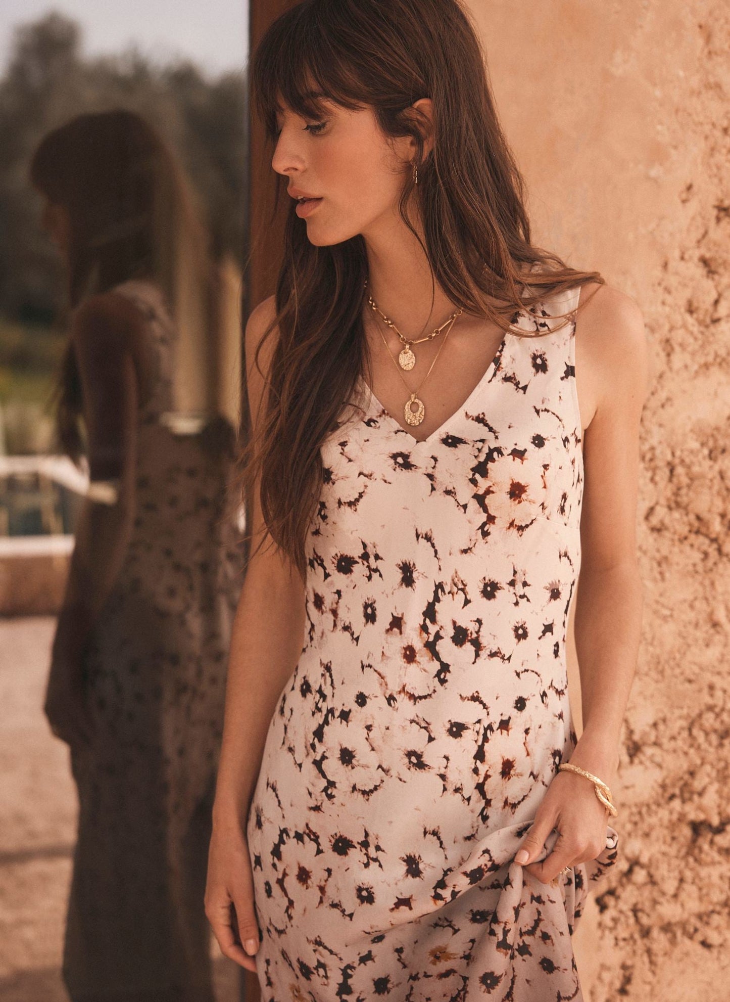 Neutral Floral Ombre Print Midi Dress