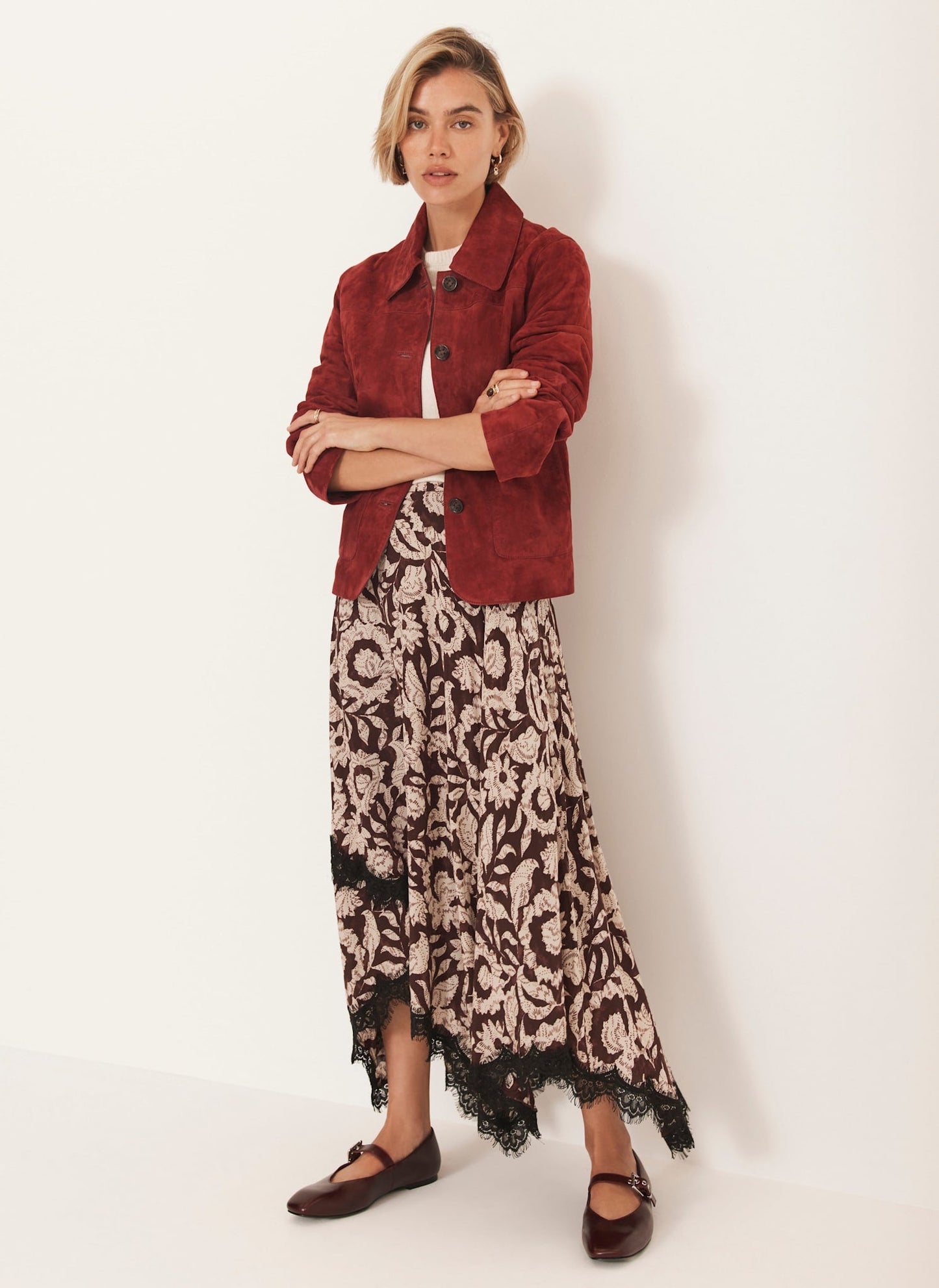 Burgundy Floral Print Lace Trim Skirt