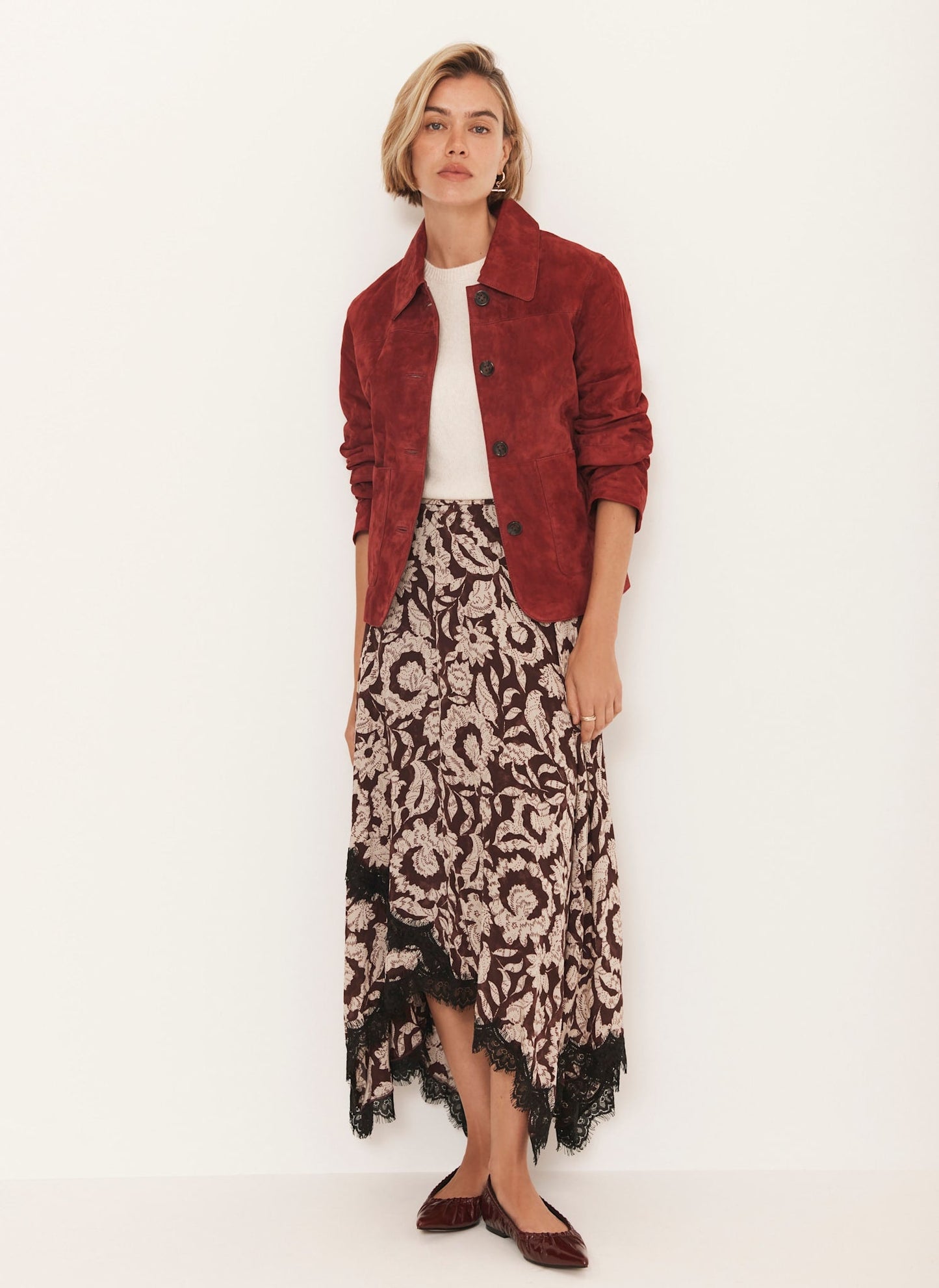 Burgundy Floral Print Lace Trim Skirt