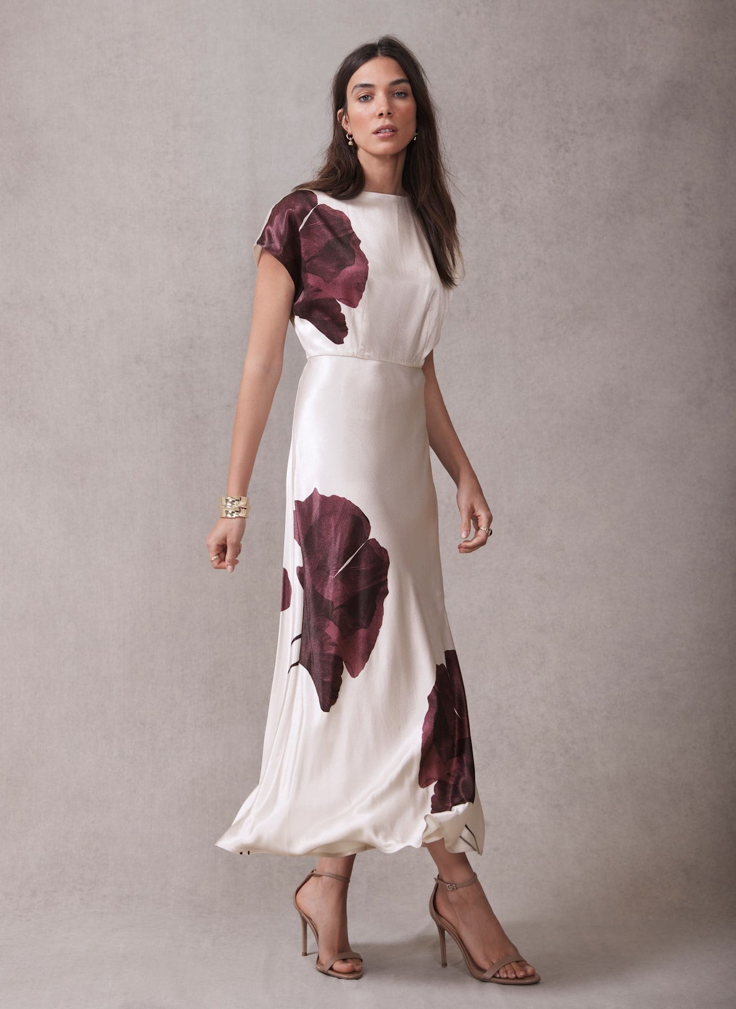 Burgundy Floral Print Satin Midi Dress