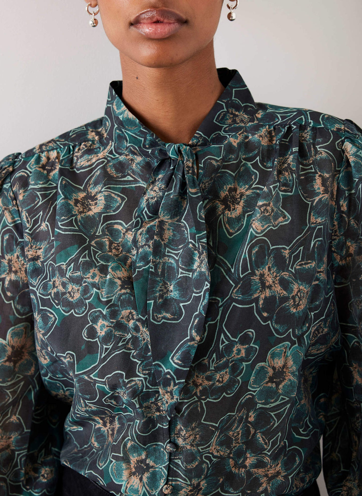 Green Floral Print Tie Neck Blouse