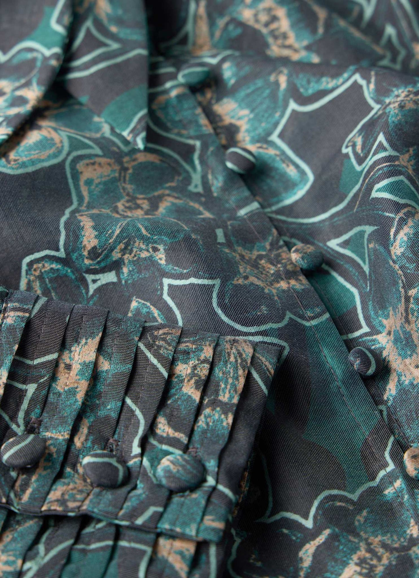 Green Floral Print Tie Neck Blouse