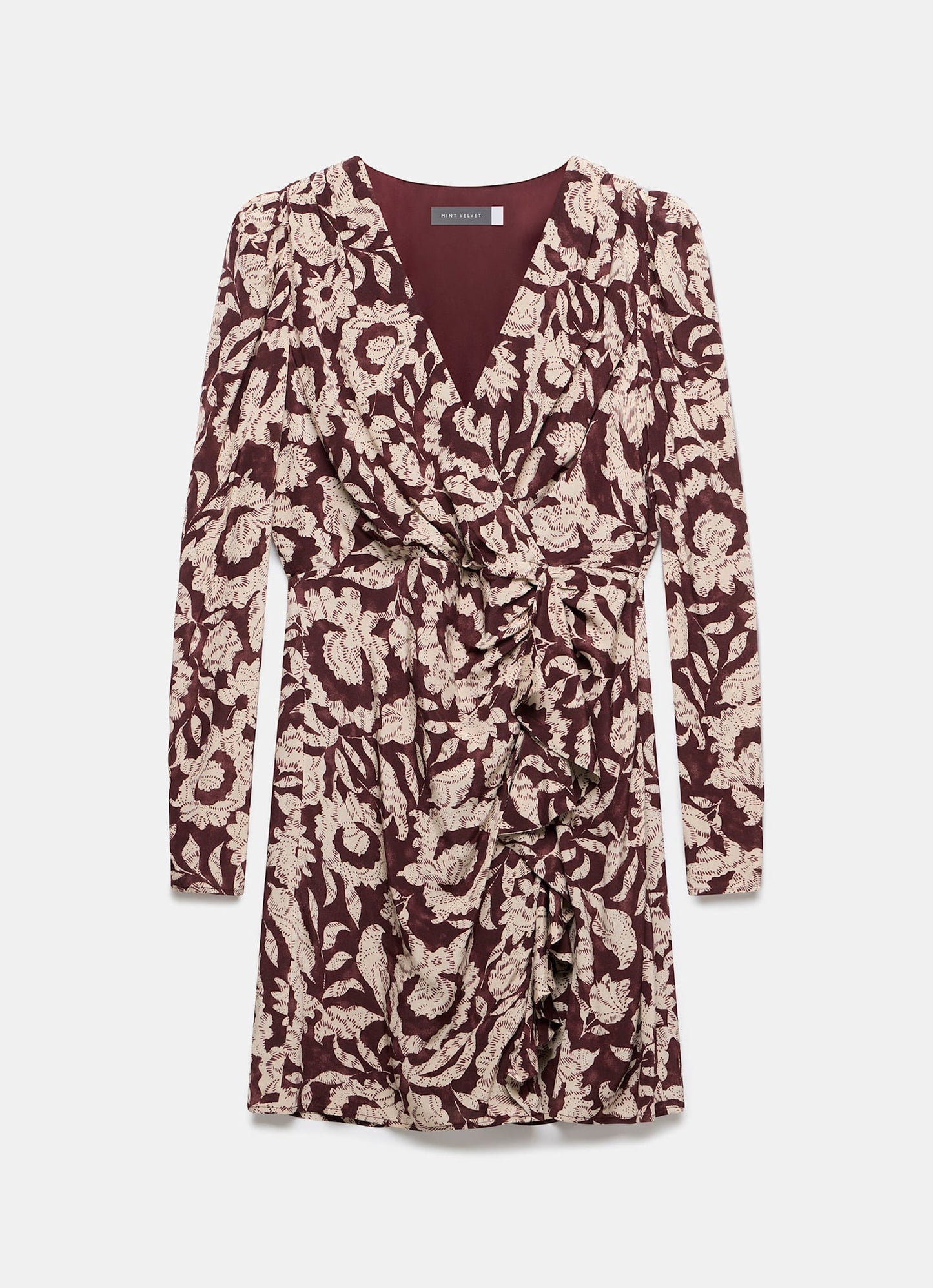 Burgundy Floral Print Wrap Dress