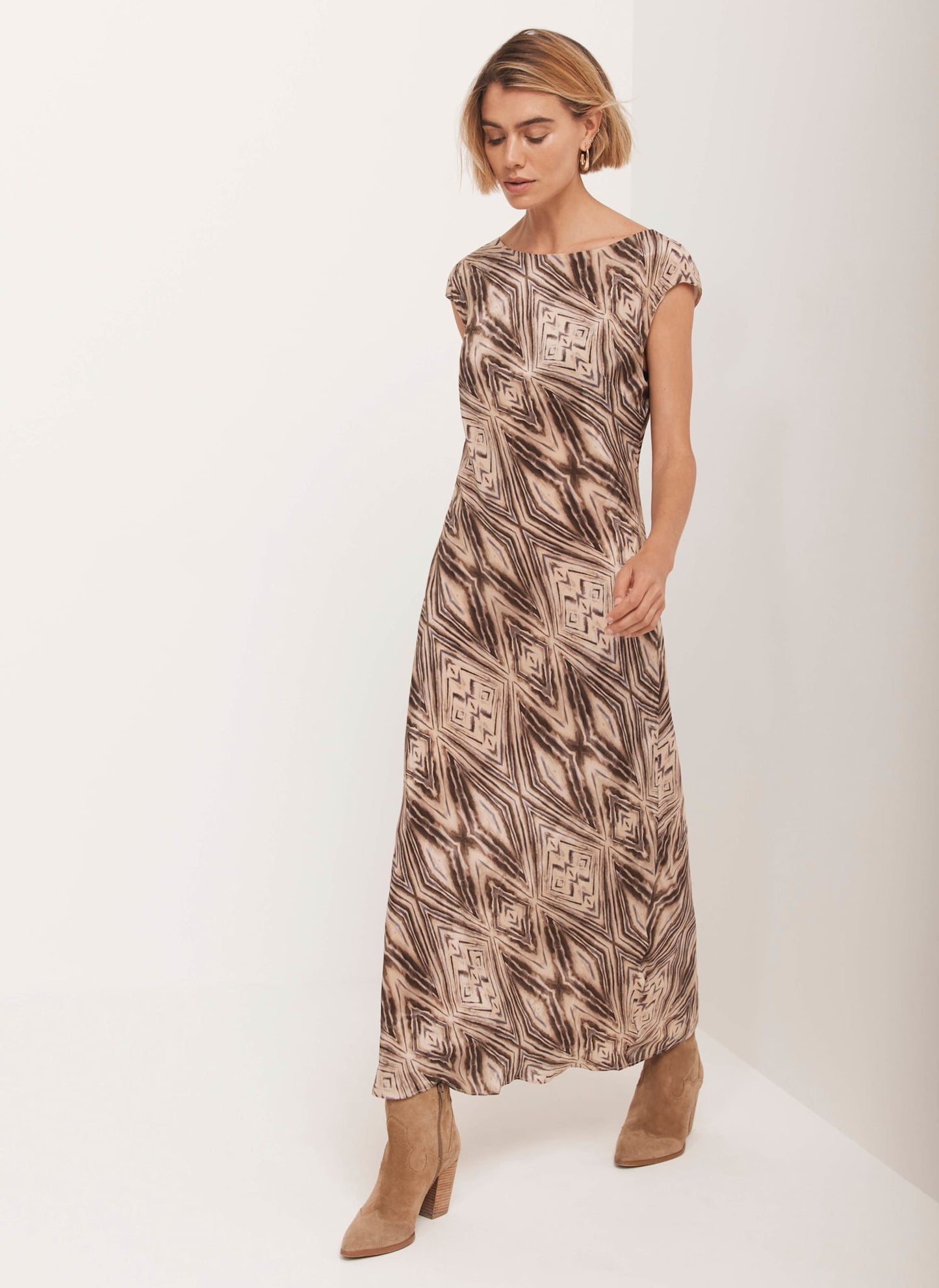 Brown Geometric Print Midi Dress