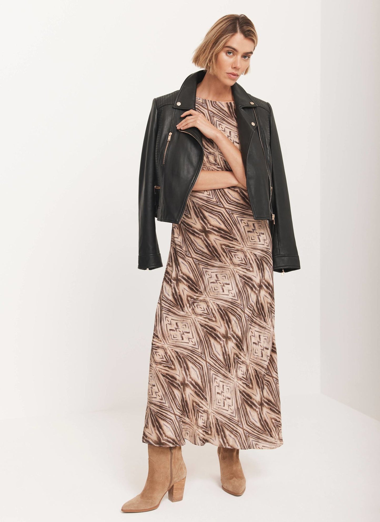 Brown Geometric Print Midi Dress
