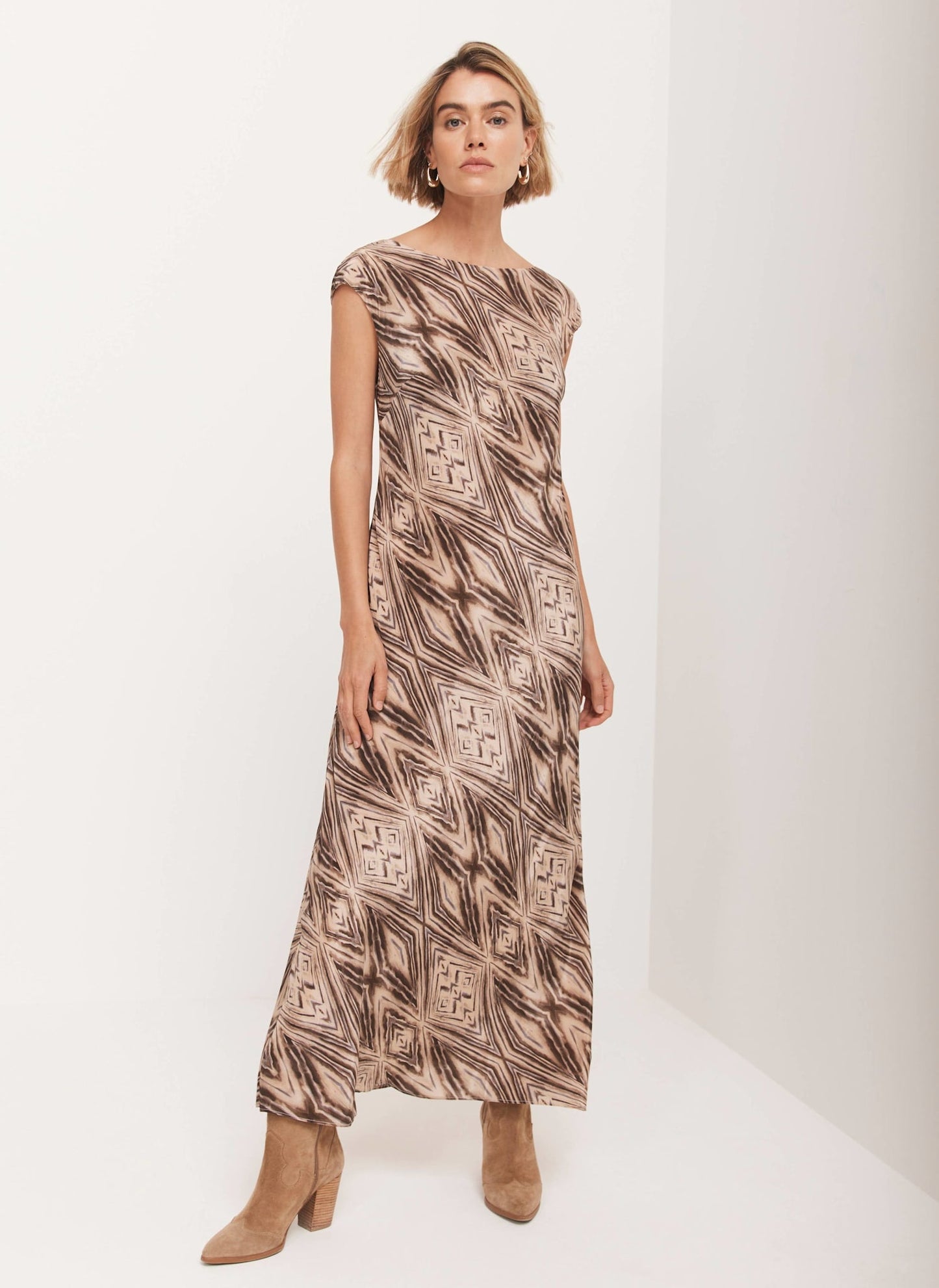 Brown Geometric Print Midi Dress