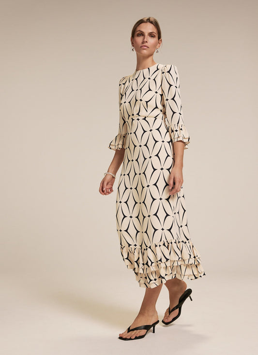 Cream Geometric Print Ruffle Midi Dress