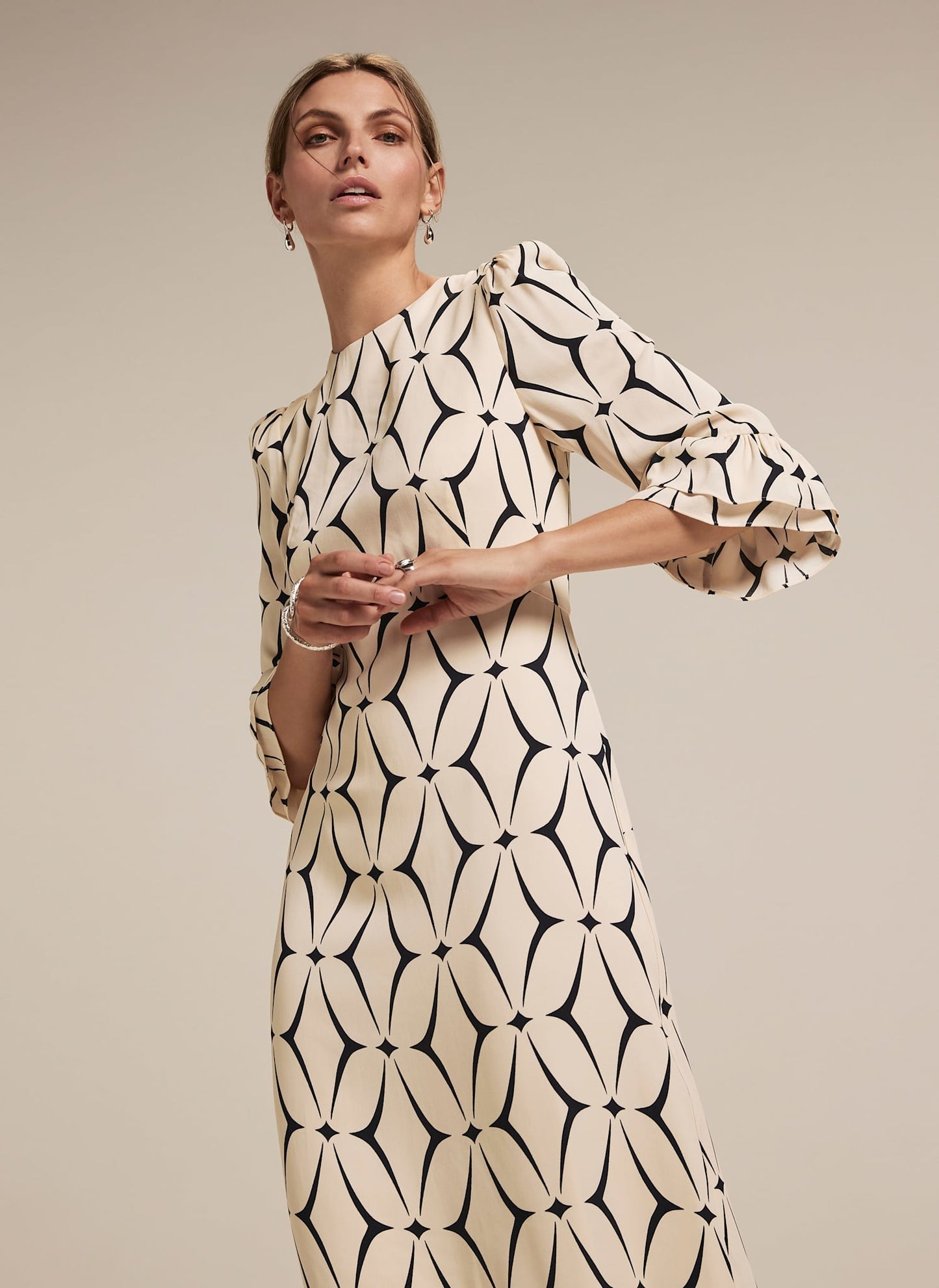 Cream Geometric Print Ruffle Midi Dress