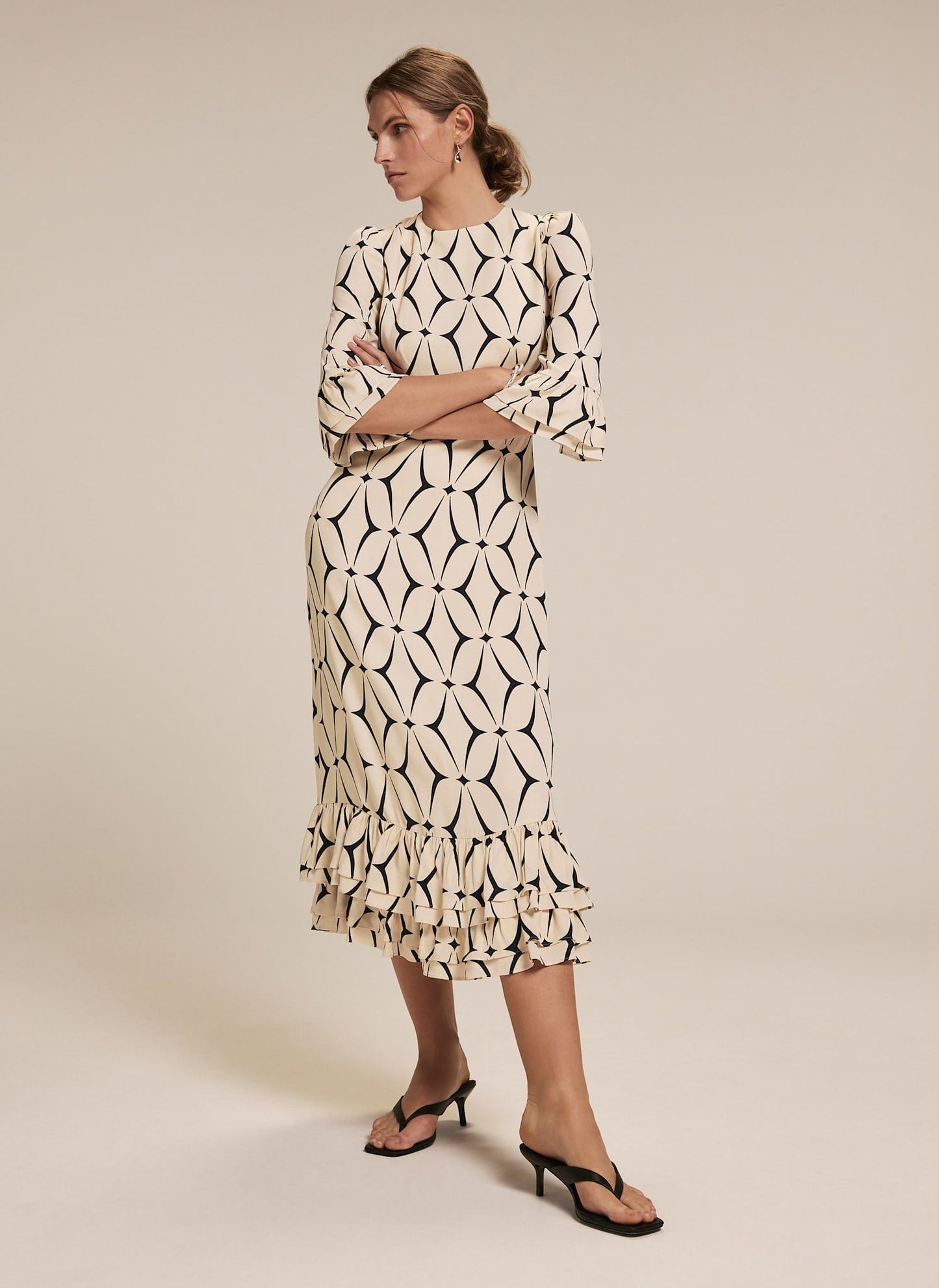 Cream Geometric Print Ruffle Midi Dress