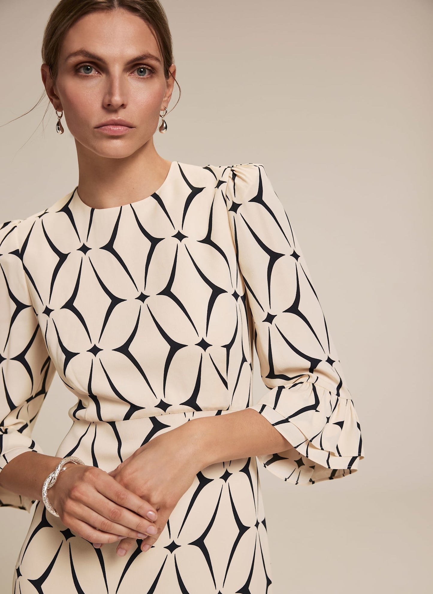 Cream Geometric Print Ruffle Midi Dress