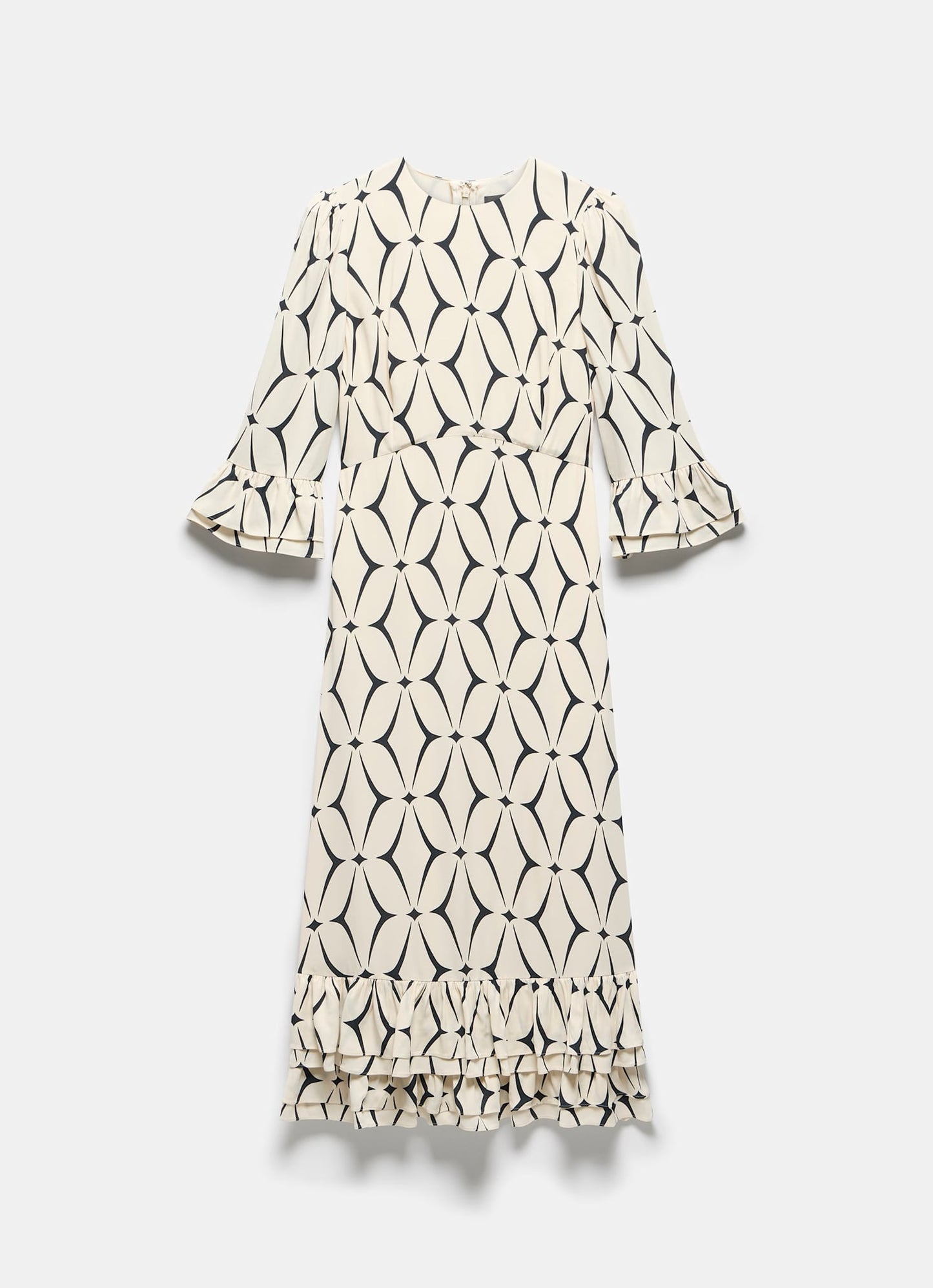 Cream Geometric Print Ruffle Midi Dress