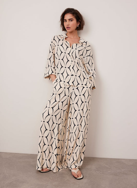 Cream Geometric Print Wide Leg Trousers