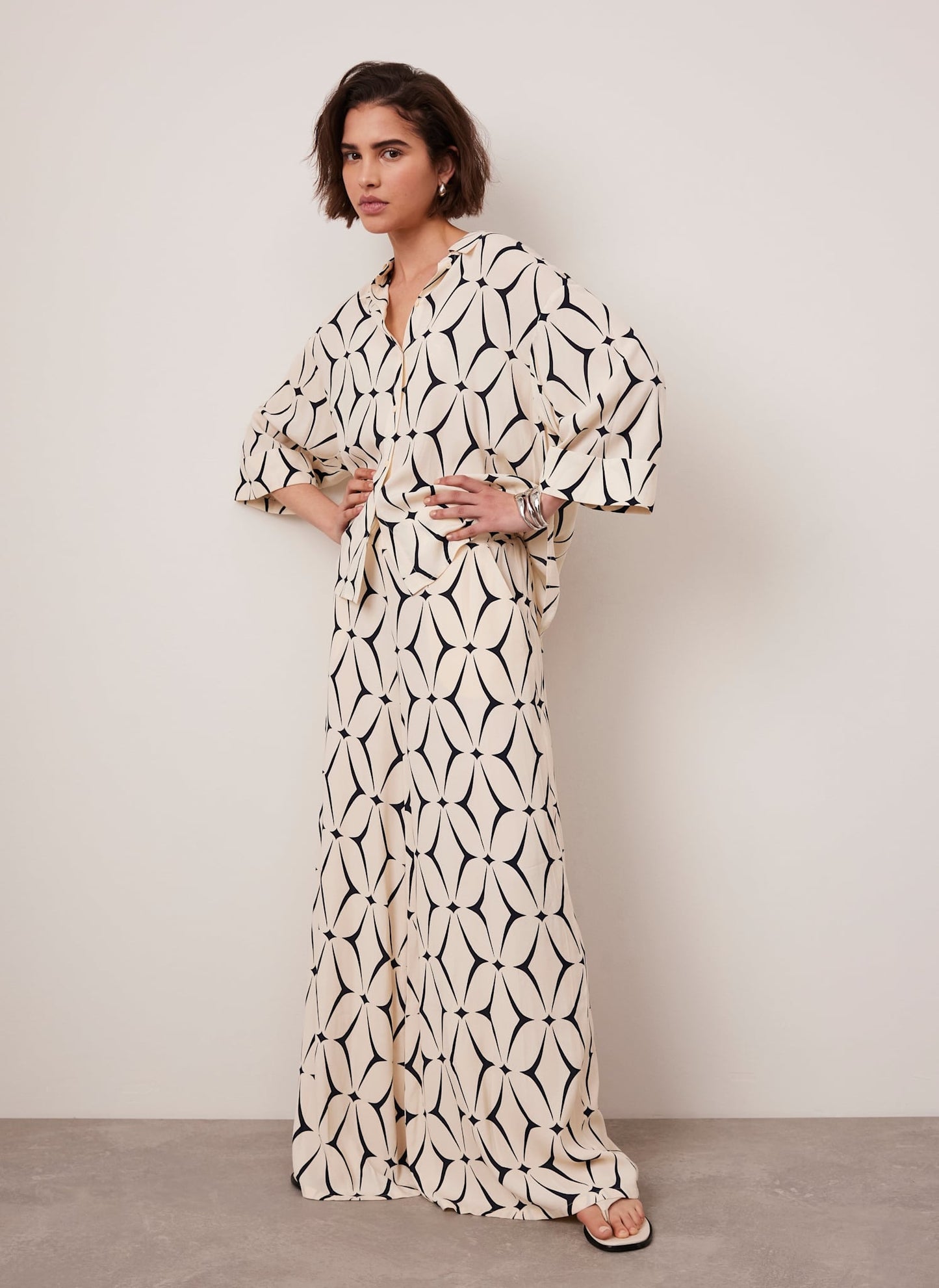 Cream Geometric Print Wide Leg Trousers