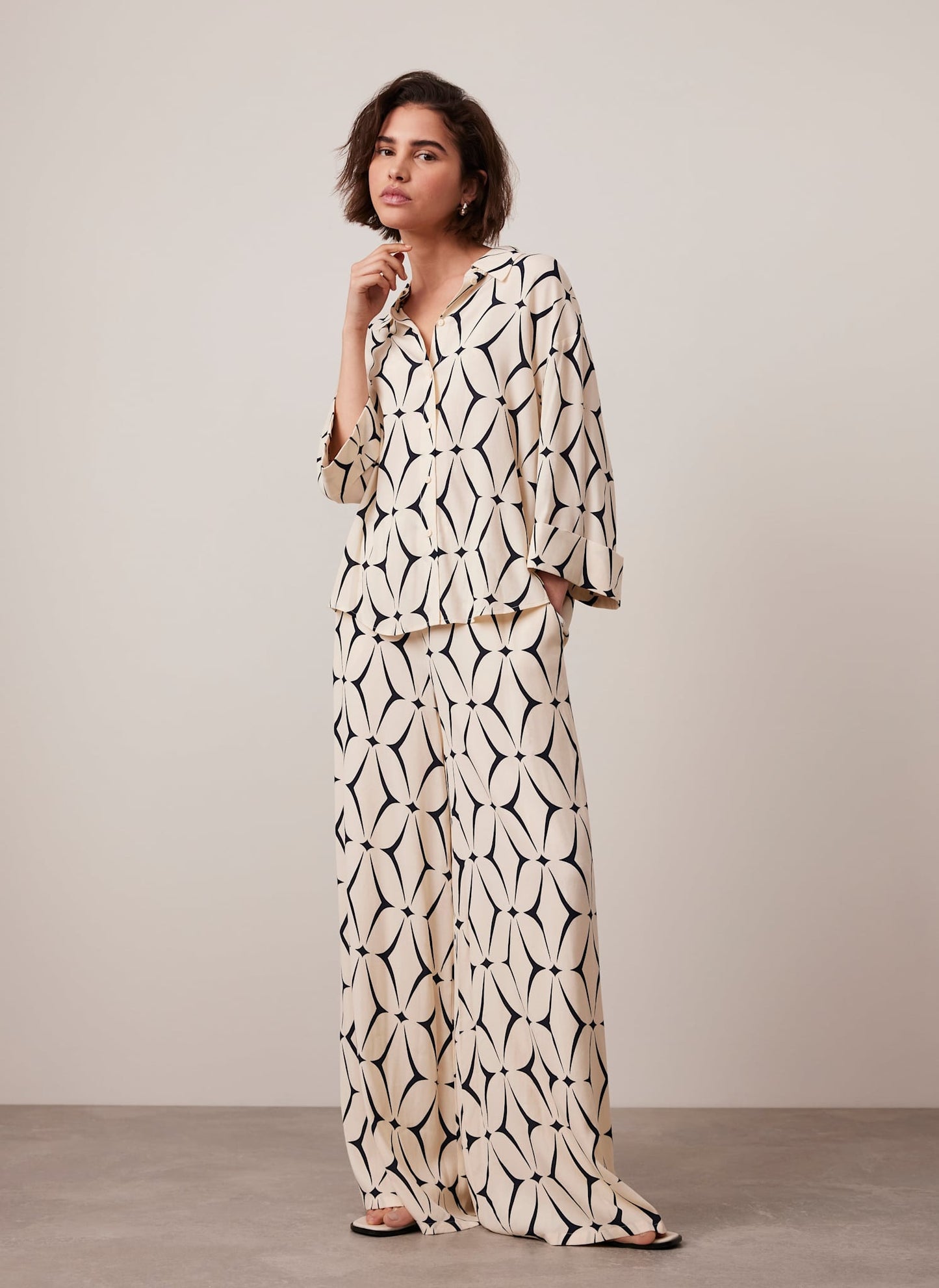 Cream Geometric Print Wide Leg Trousers