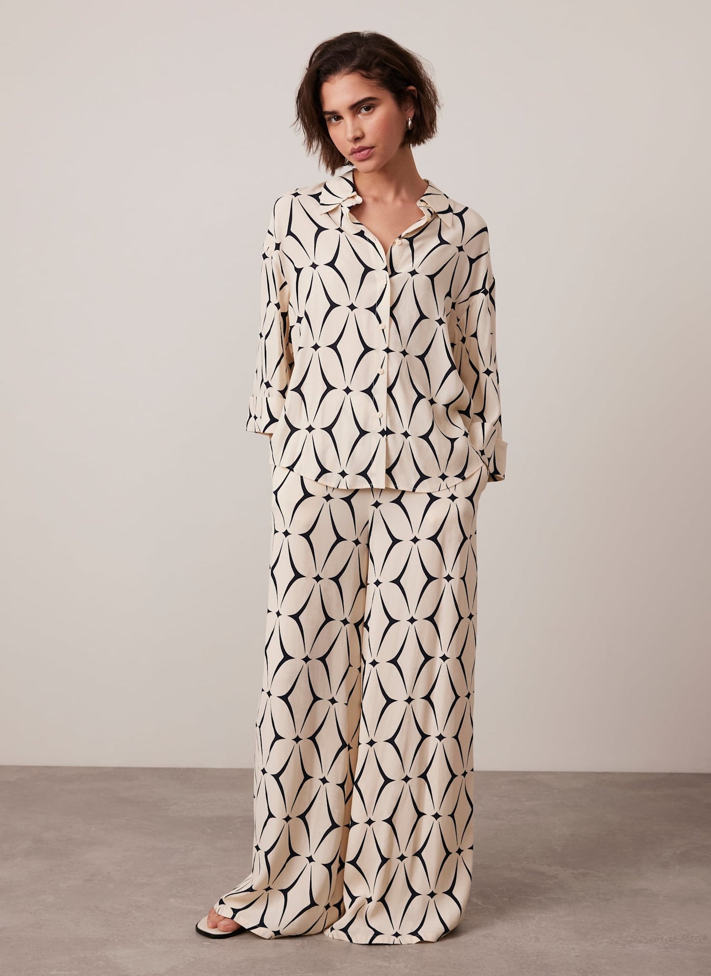 Cream Geometric Print Wide Leg Trousers