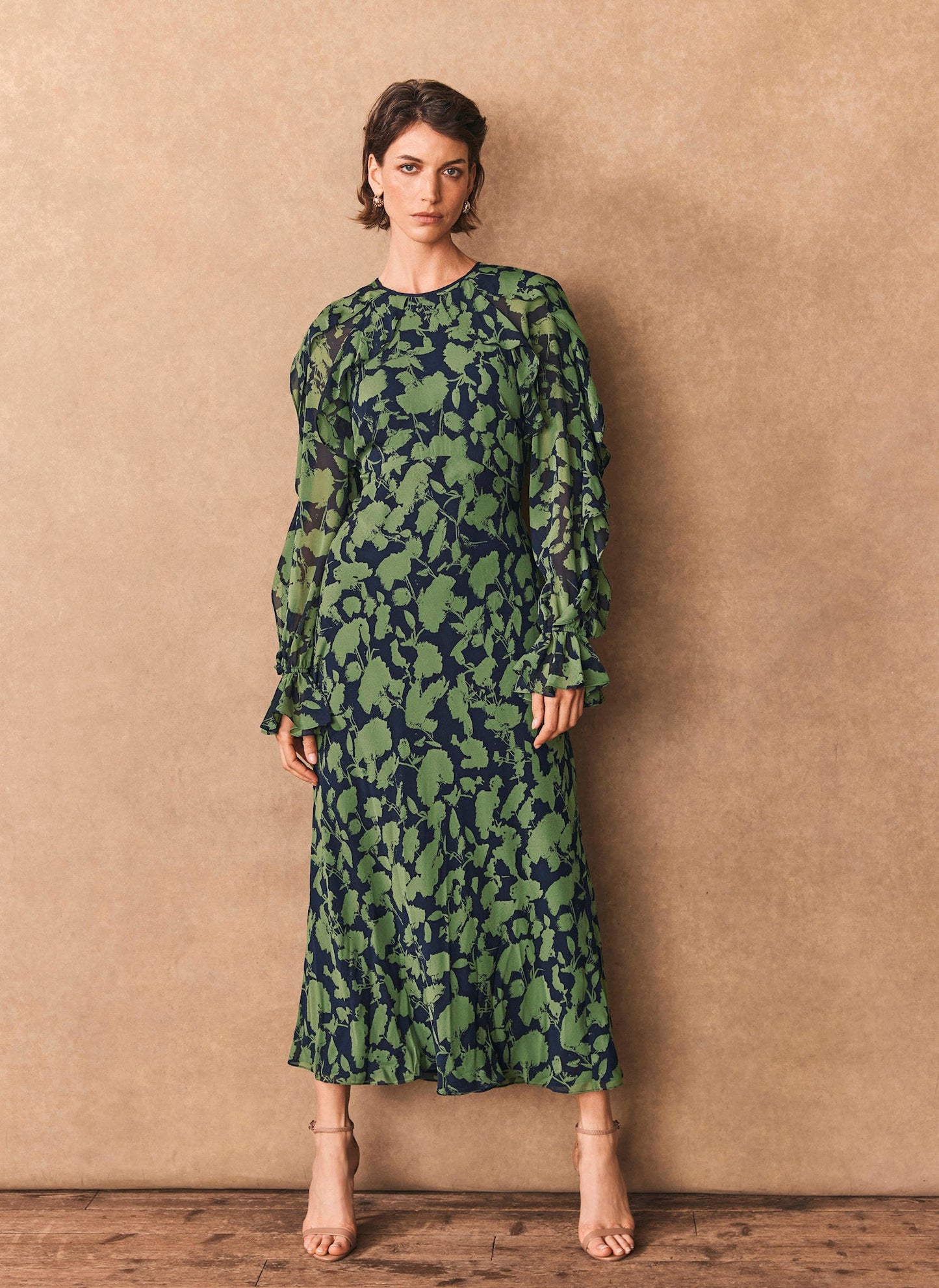 Green Floral Print Midi Dress