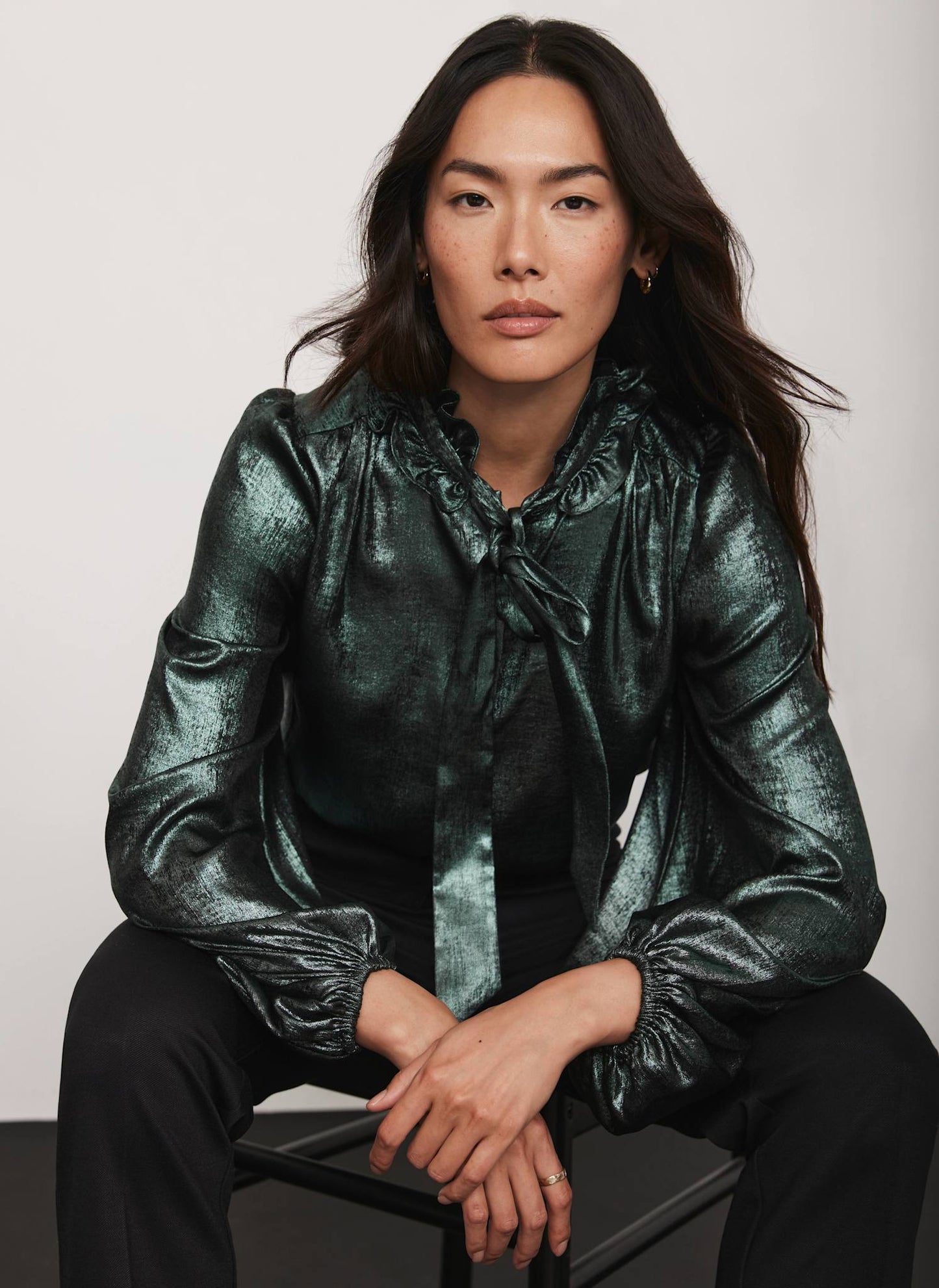 Green Metallic Pussy Bow Blouse