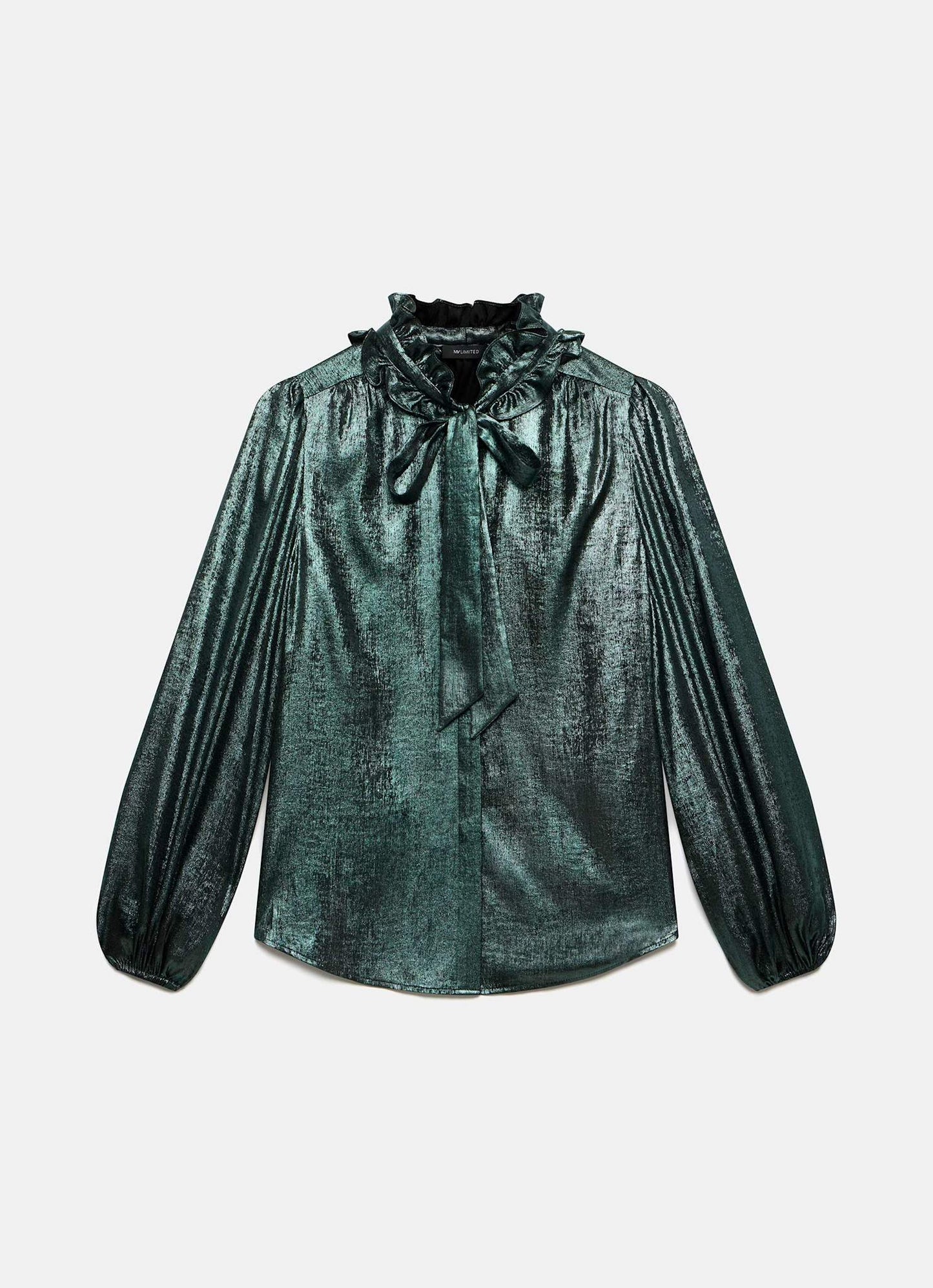 Green Metallic Pussy Bow Blouse