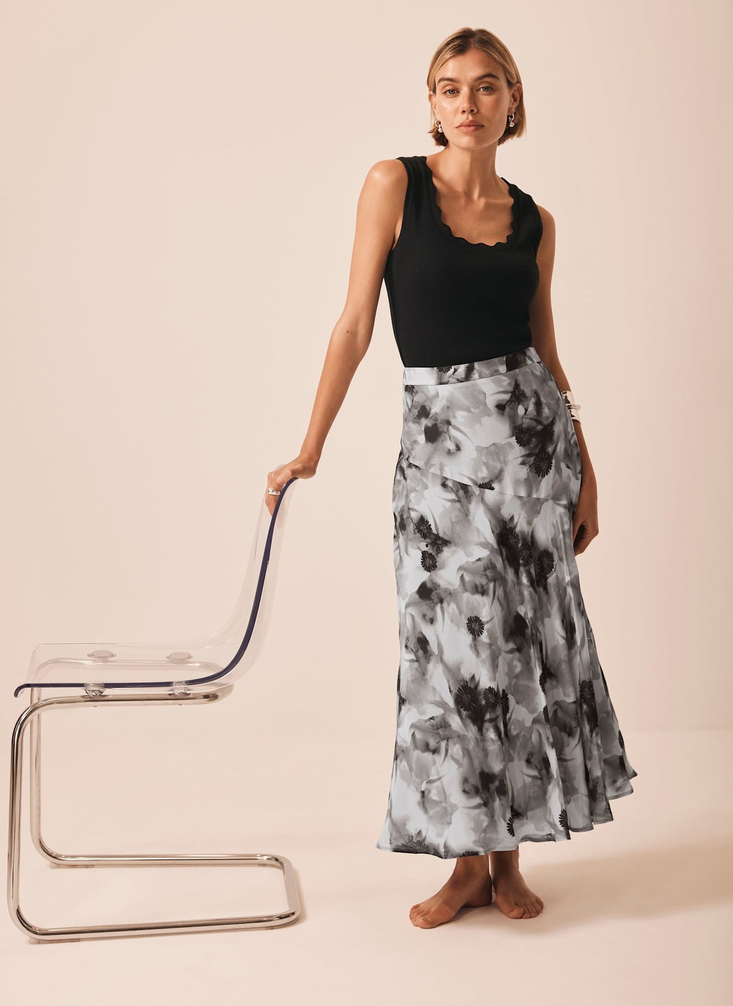 Grey Floral Print Midi Skirt
