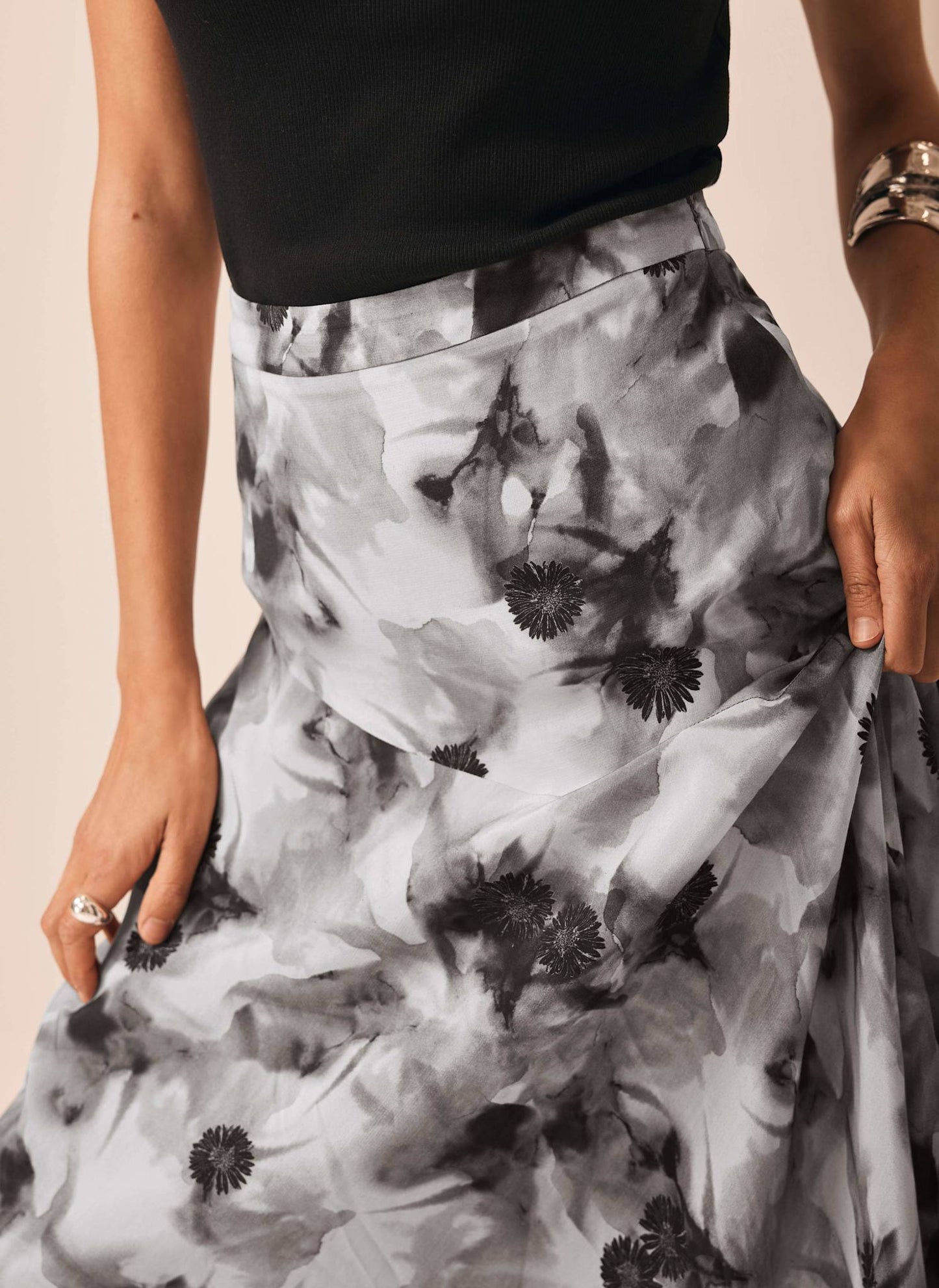 Grey Floral Print Midi Skirt