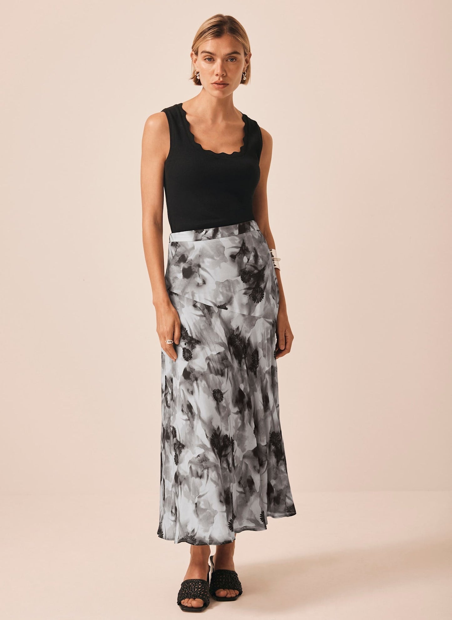 Grey Floral Print Midi Skirt