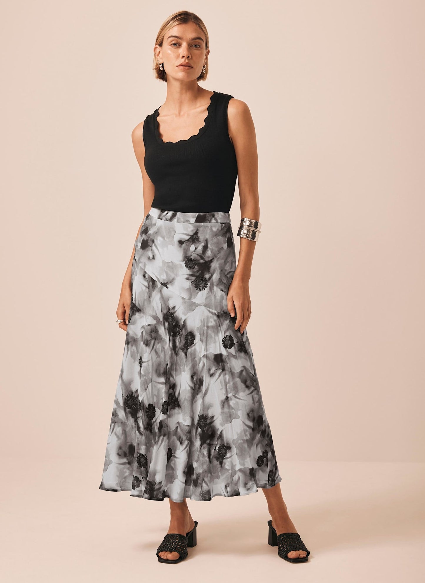 Grey Floral Print Midi Skirt