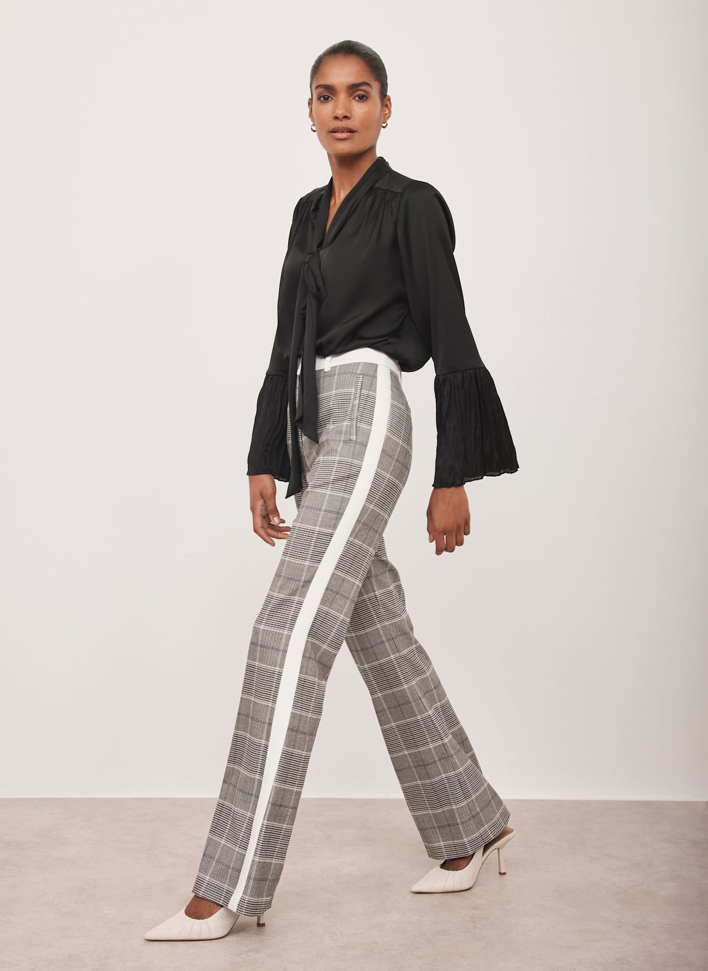 Grey Checked Flared Side Stripe Trousers
