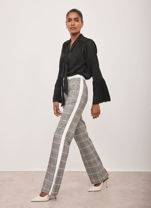 Grey Checked Flared Side Stripe Trousers