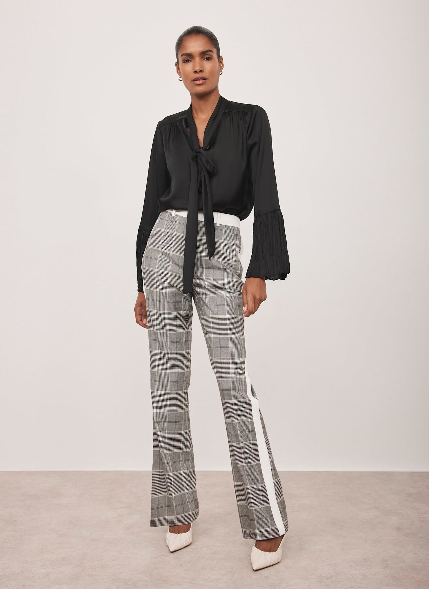 Grey Checked Flared Side Stripe Trousers