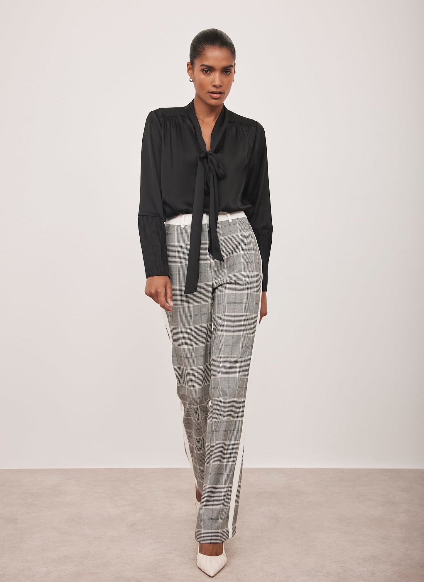 Grey Checked Flared Side Stripe Trousers